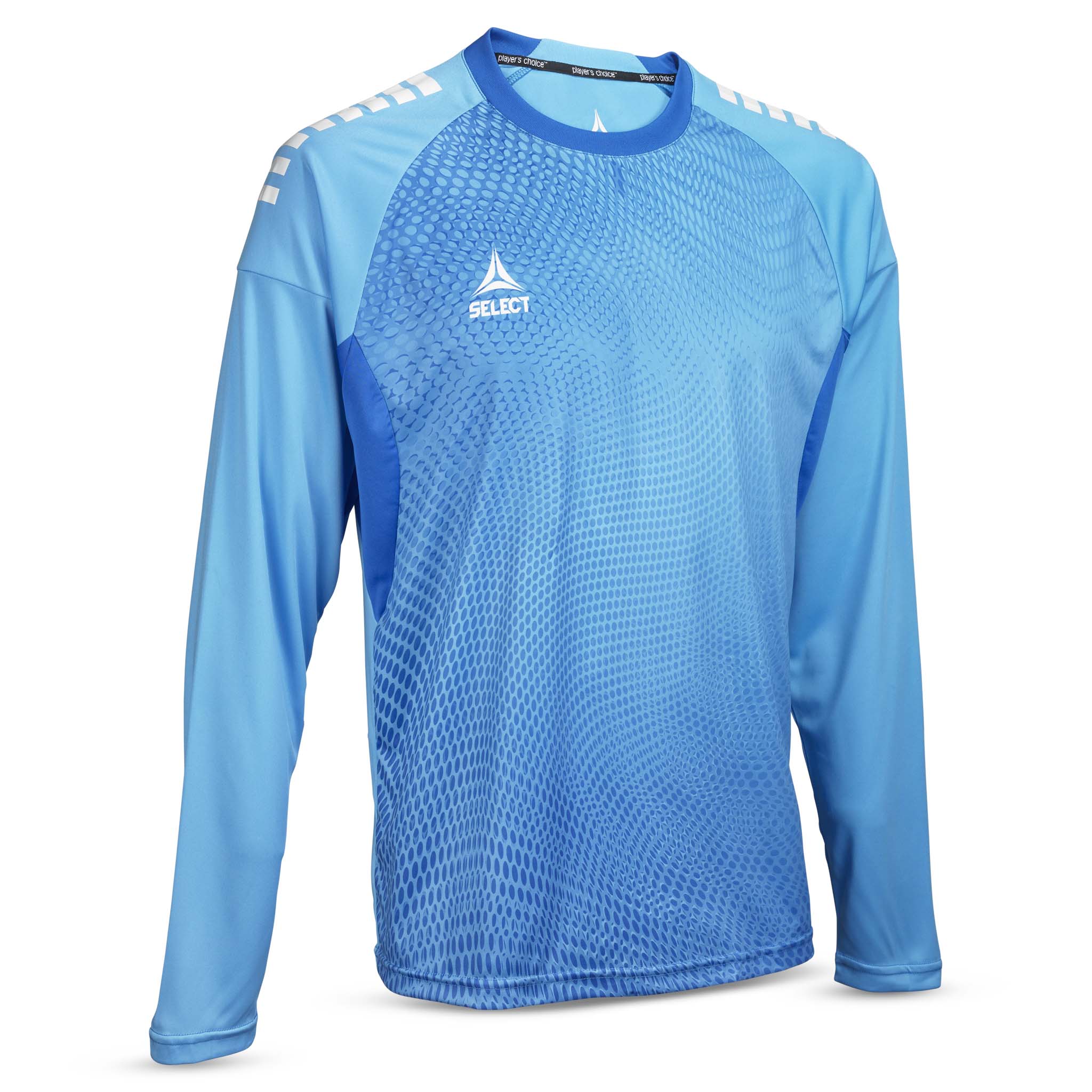 Forside av blå Goalkeeper shirt Spain v25, Goalkeeper wear, med hvite skulderdetaljer for fotball