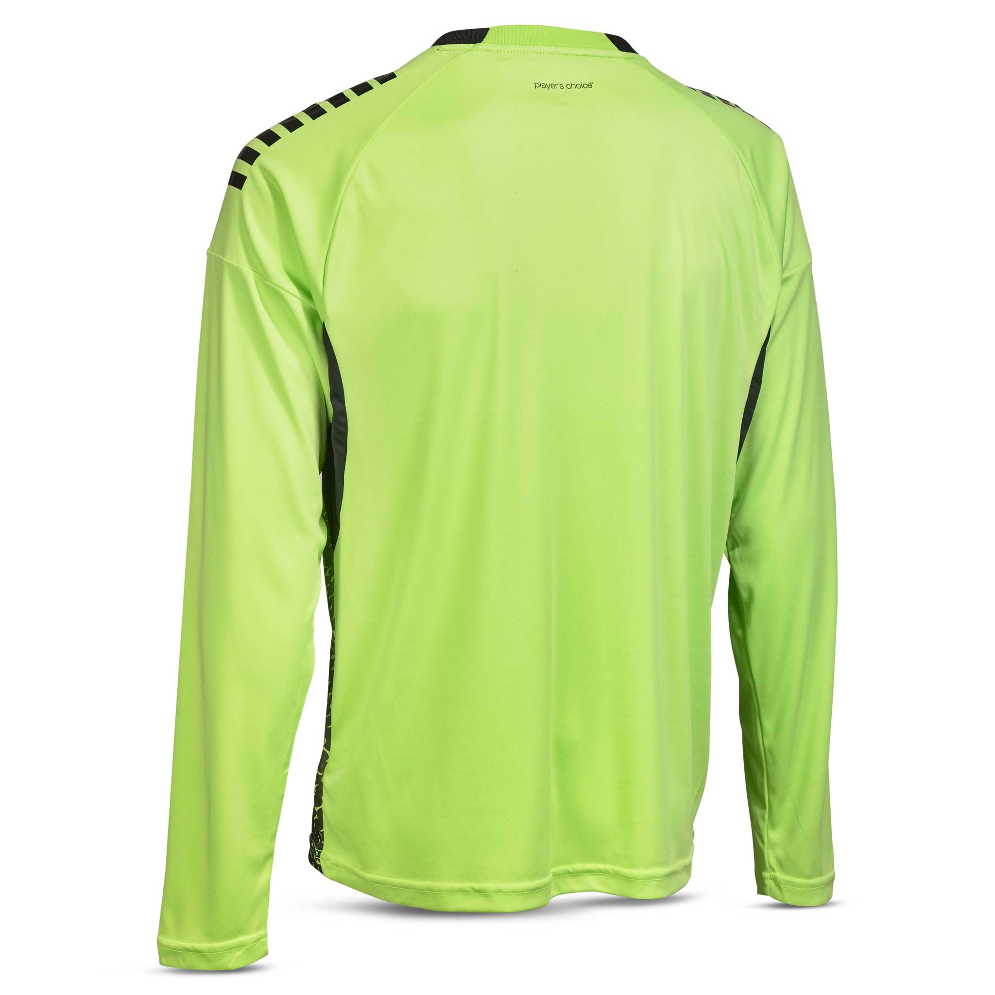 Bakside av limegrønn og svart Goalkeeper shirt Spain v25, keeperklær med lange ermer og fotballdesign.
