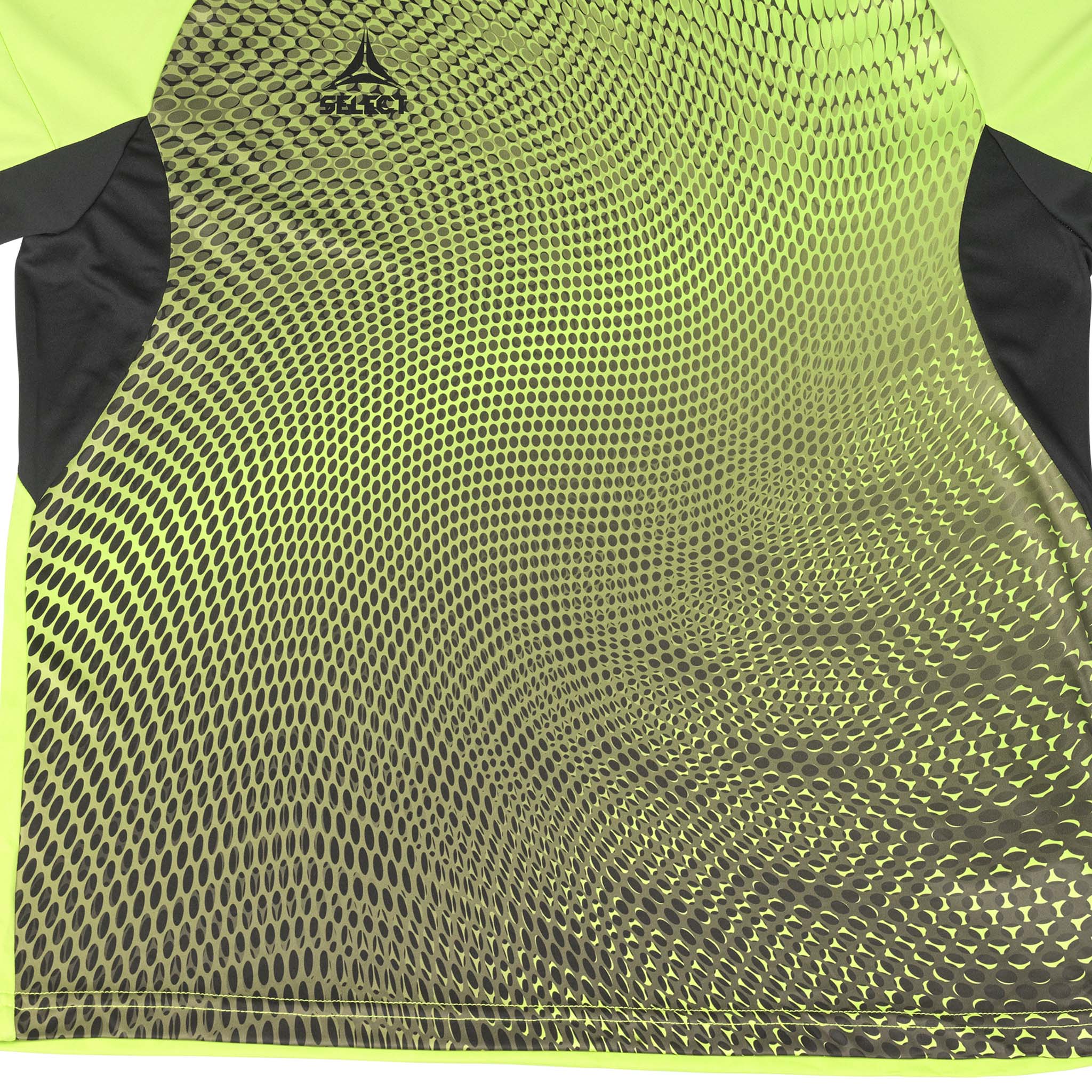 Nærbilde av Goalkeeper shirt Spain v25, keeperklær, i limegrønn og svart med bølget prikkmønster.