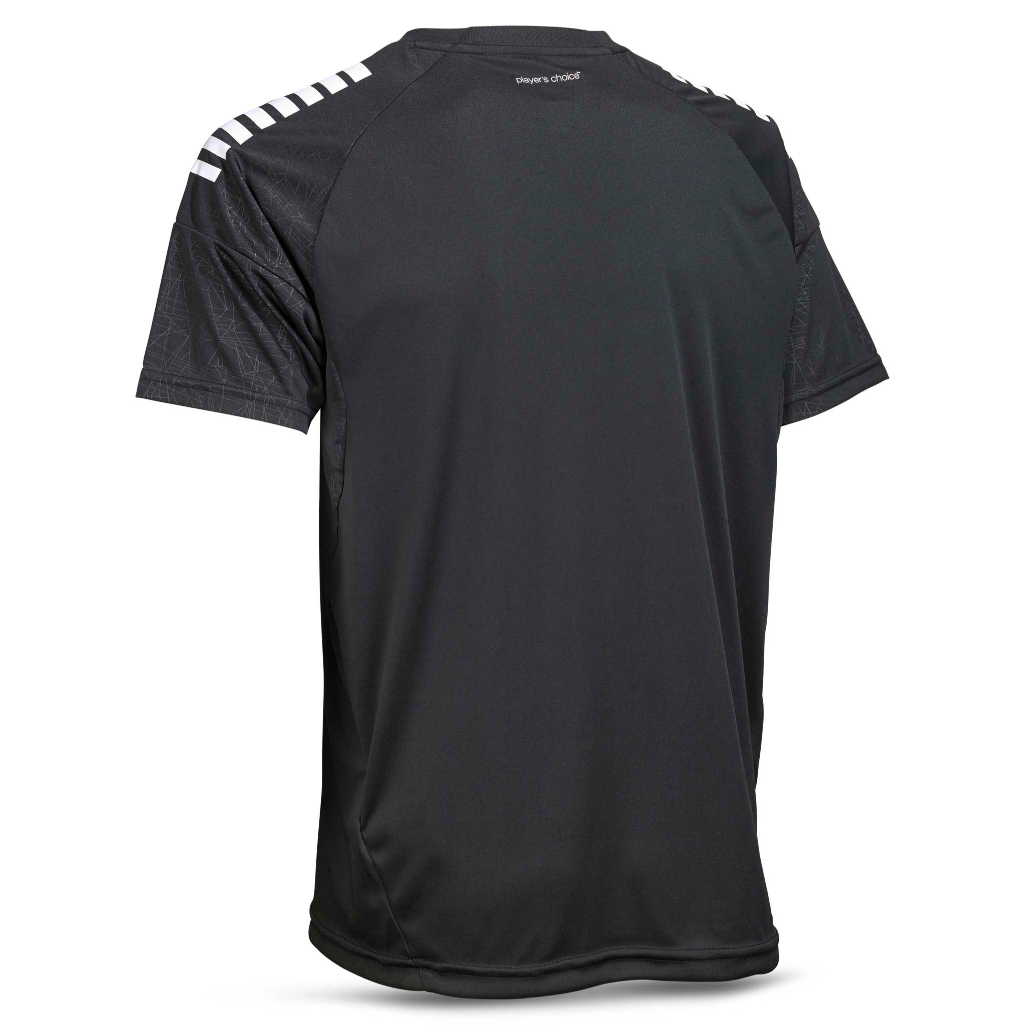 Bakside av svart Player shirt S/S Spain v25 med hvite skulderstriper, Match & Training wear fotball.