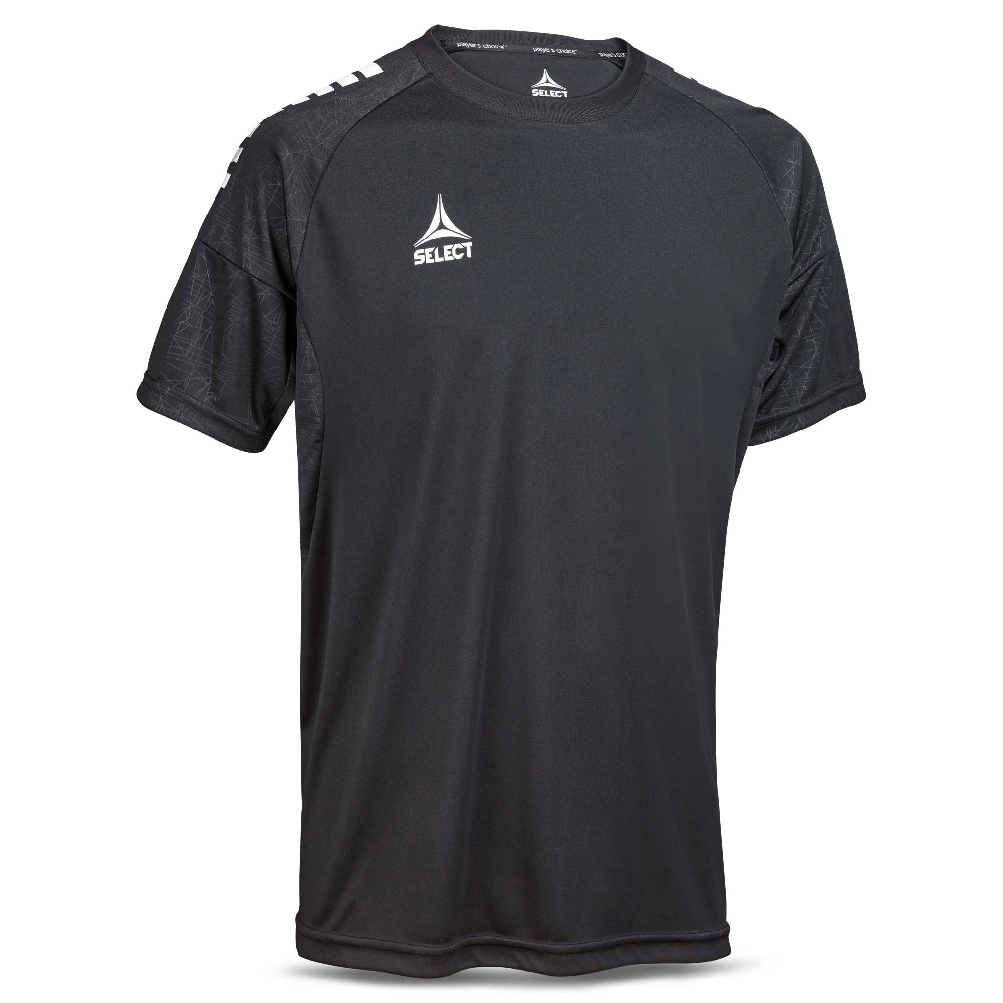 Forside av svart Player shirt S/S Spain v25, Match & Training wear, hvit logo