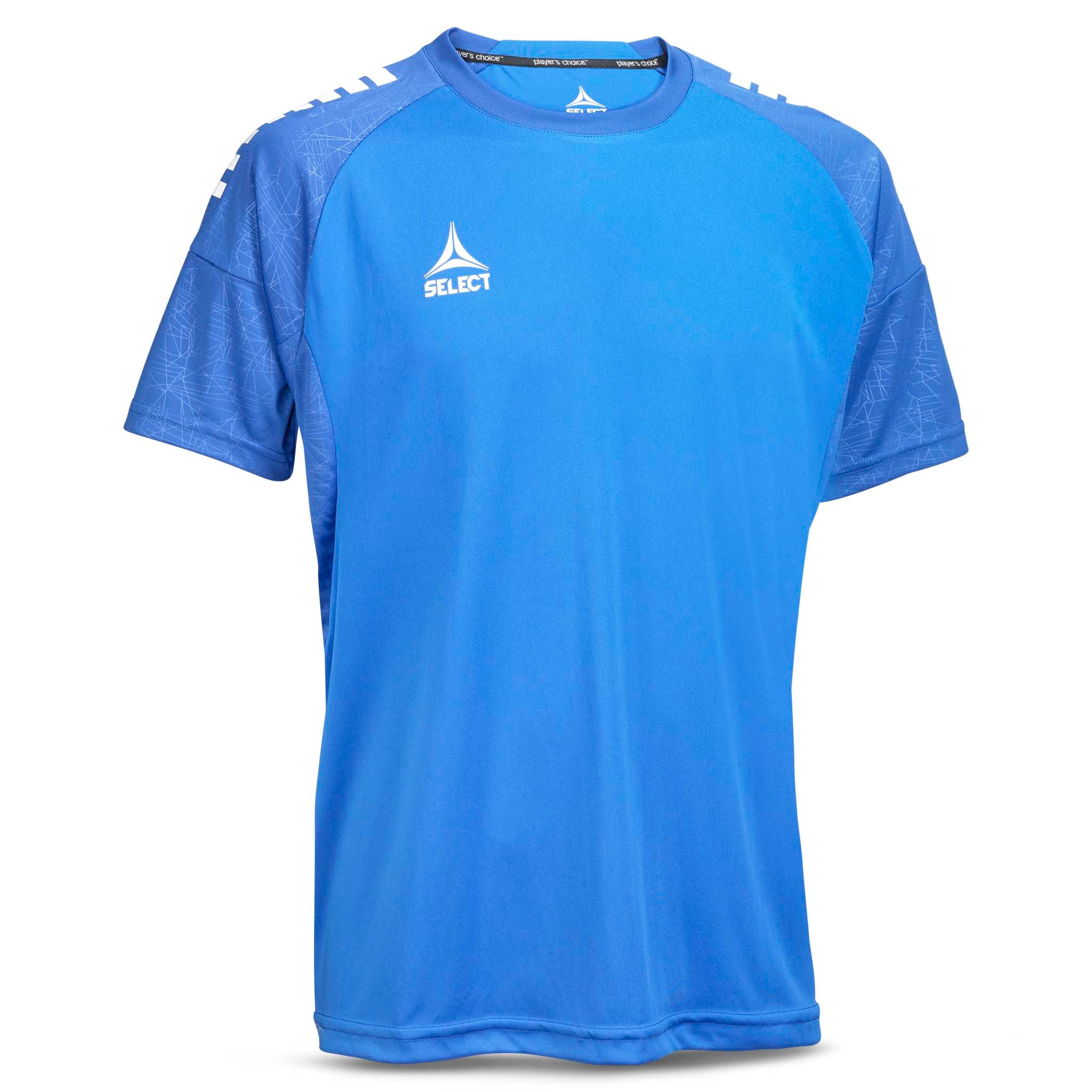 Forfra blå Player shirt S/S Spain v25, Match & Training wear, med hvit logo og fotballærmer