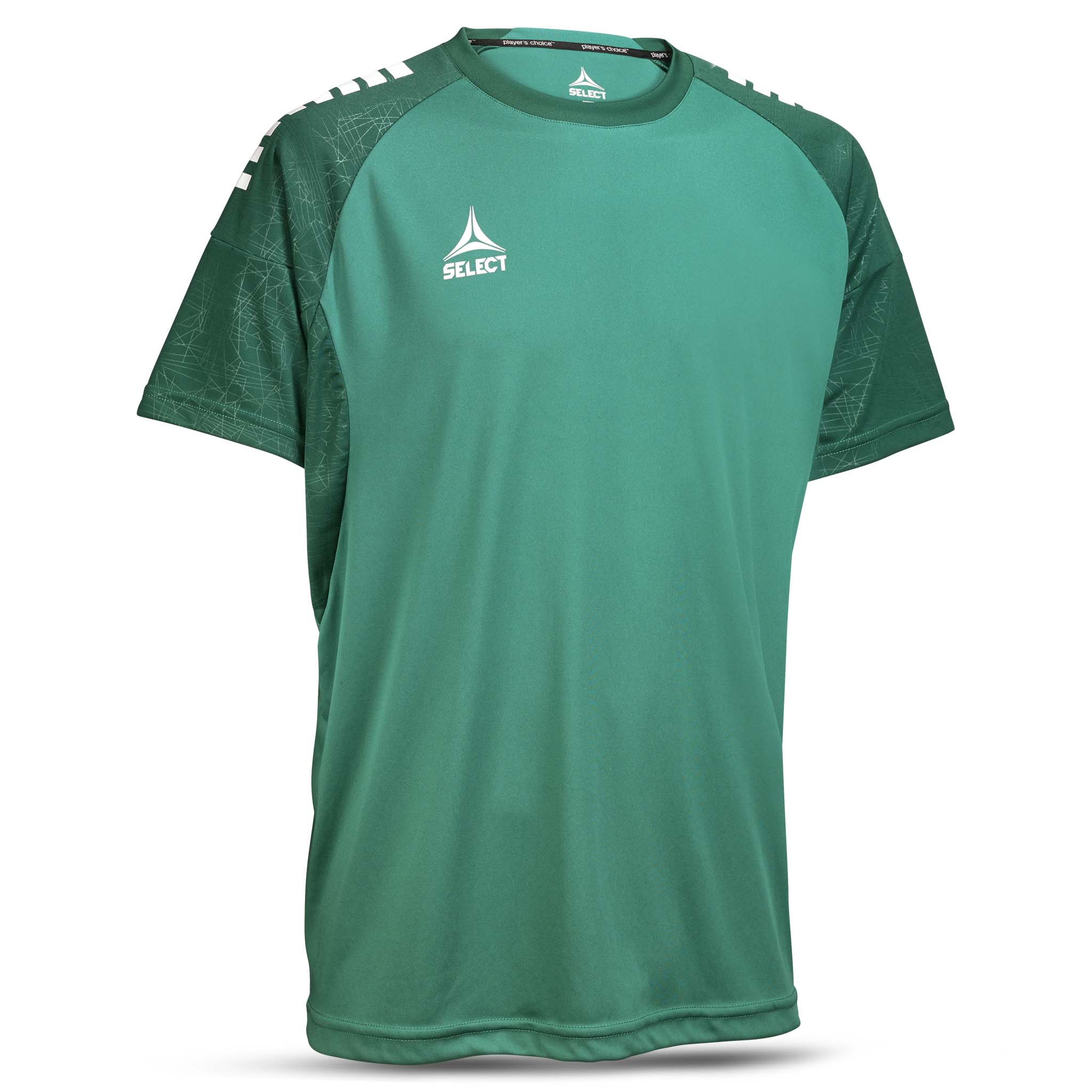 Forside av grønn Player shirt S/S Spain v25, fotball Match & Training wear, med mørkegrønne ermedetaljer.