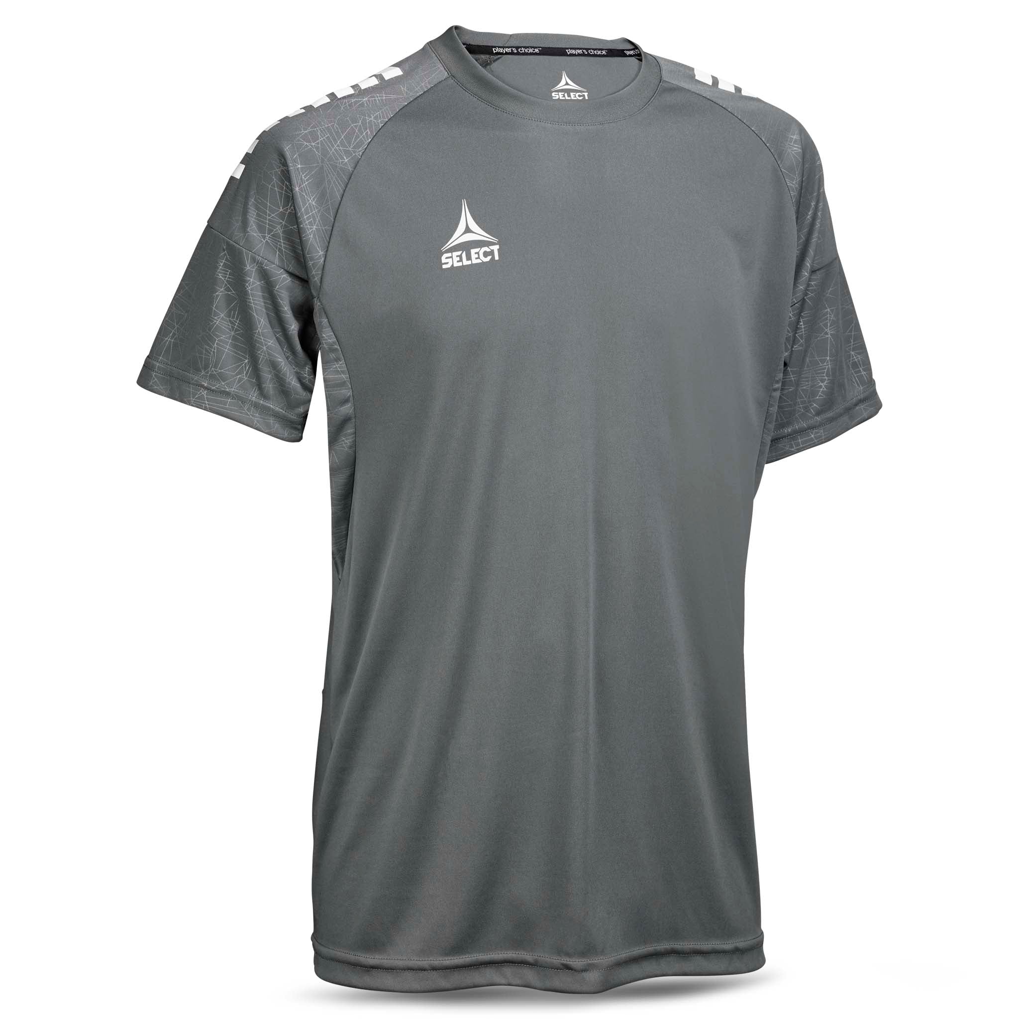 Forside av grå Player shirt S/S Spain v25, Match & Training wear, med hvit logo og mønstrede ermer.