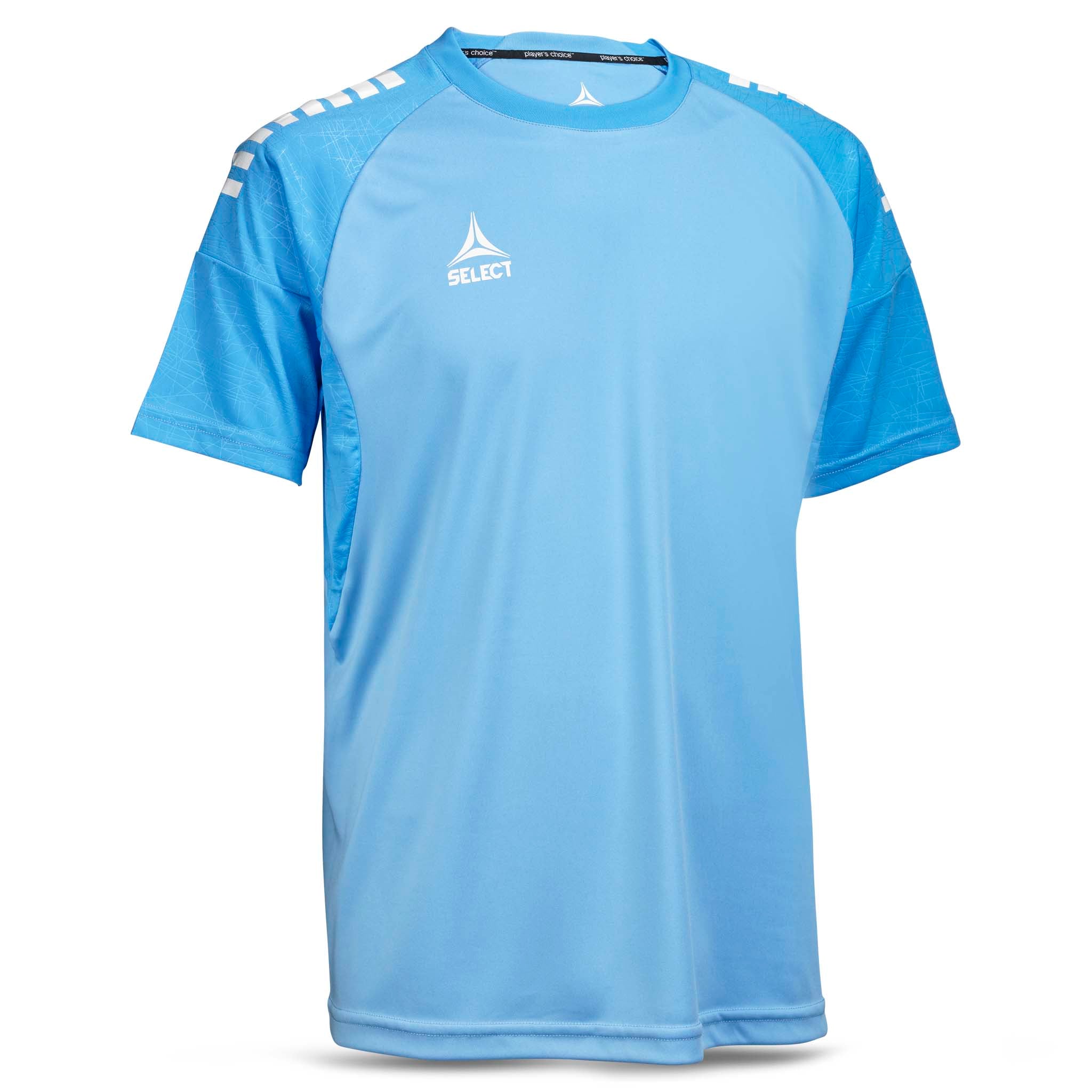Forfra av lyseblå Player shirt S/S Spain v25 fotball Match & Training wear med hvit logo og detaljer.