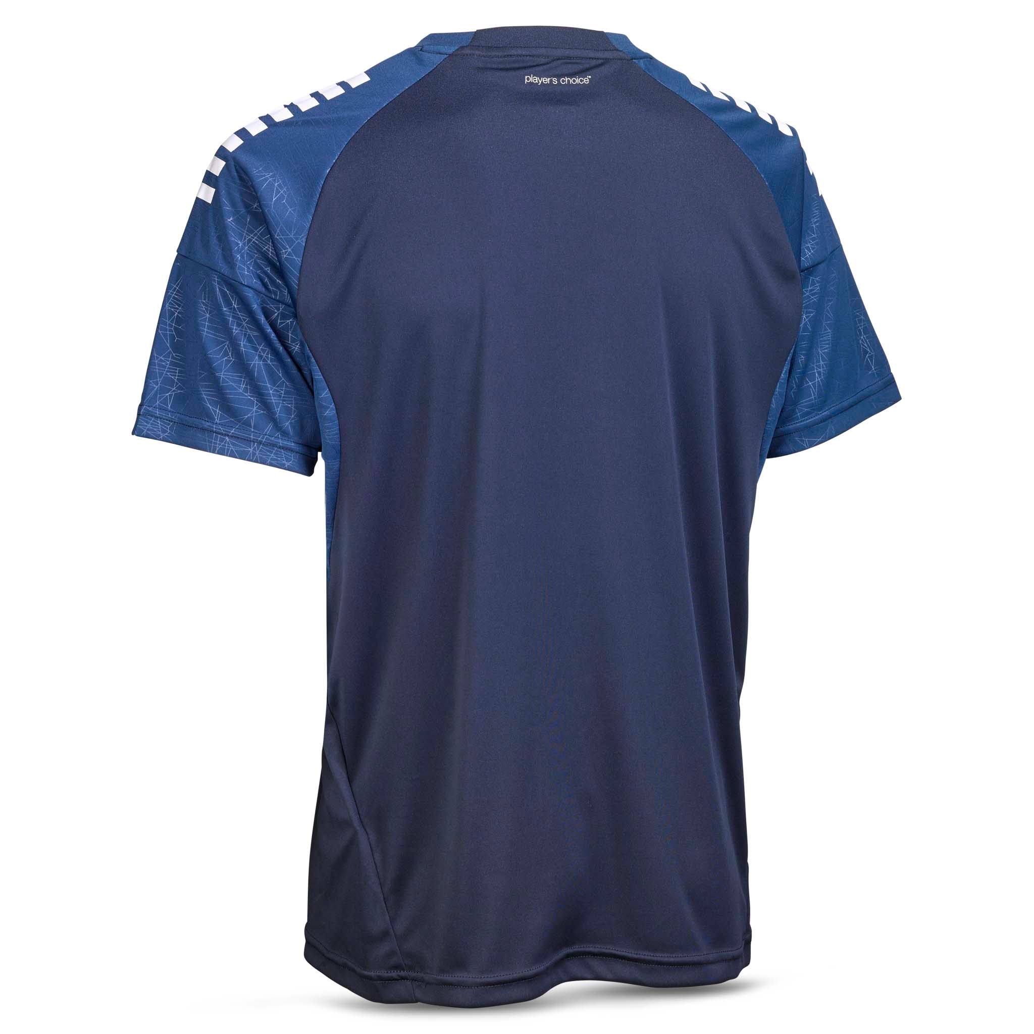 Bakside av Player shirt S/S Spain v25, Match & Training wear, i marine og blå med hvite skulderdetaljer.