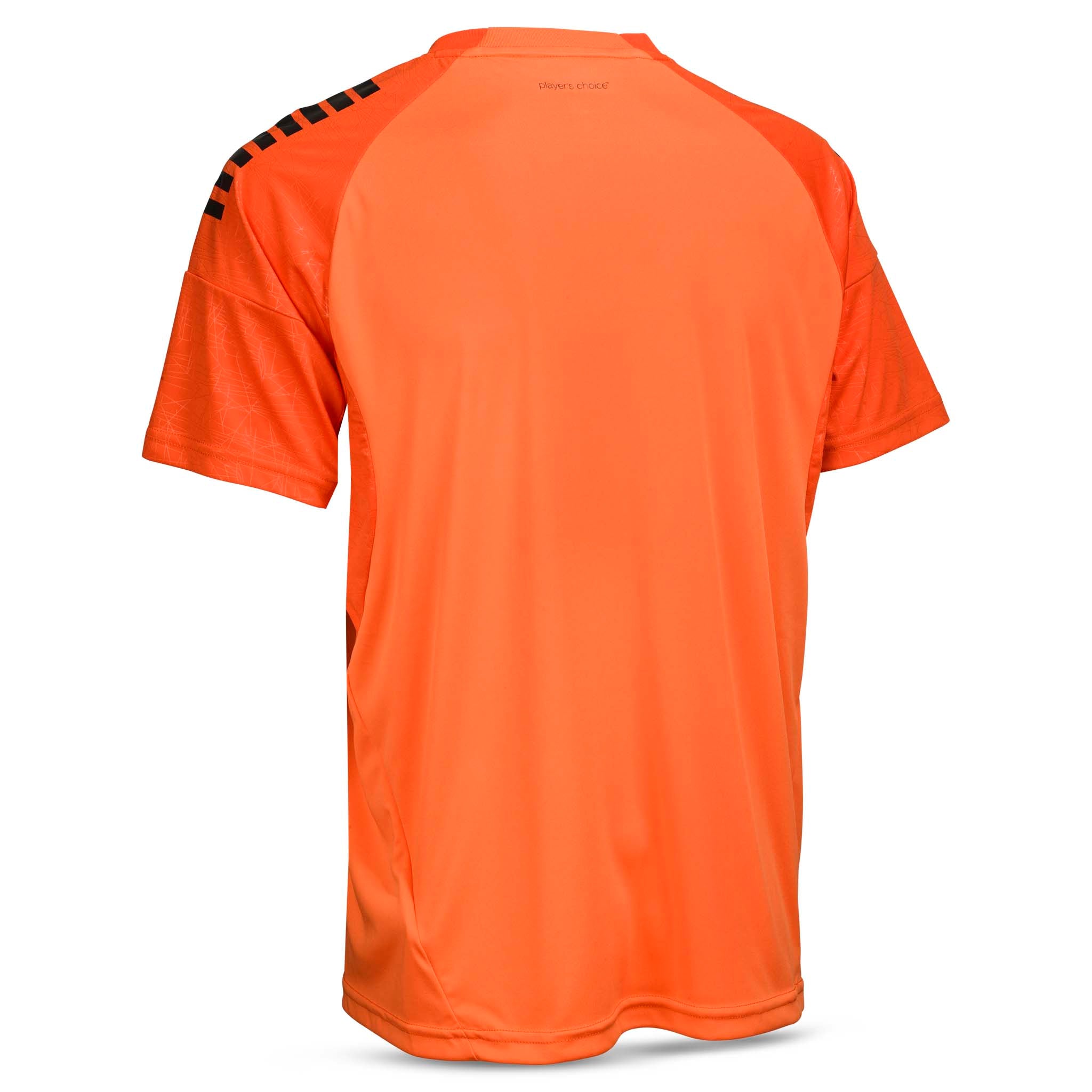 Bakside av oransje Player shirt S/S Spain v25 med svarte skulderdetaljer, Match & Training wear fotballtrøye