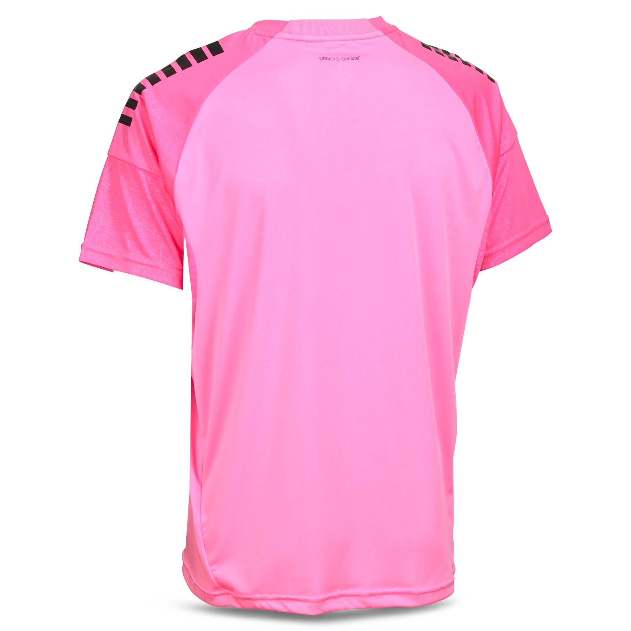Bakside av rosa Player shirt S/S Spain v25 fotball Match & Training wear med sorte skulderstriper