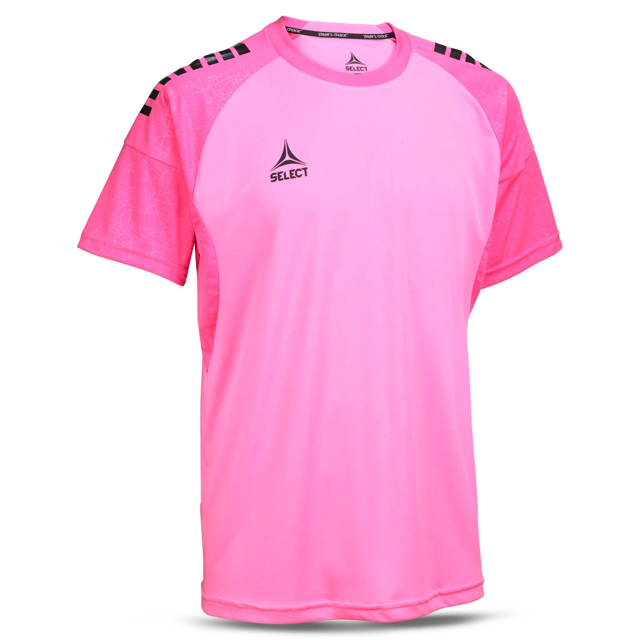 Forside av rosa Player shirt S/S Spain v25 fotball Match & Training klær med svart skulderdetalj
