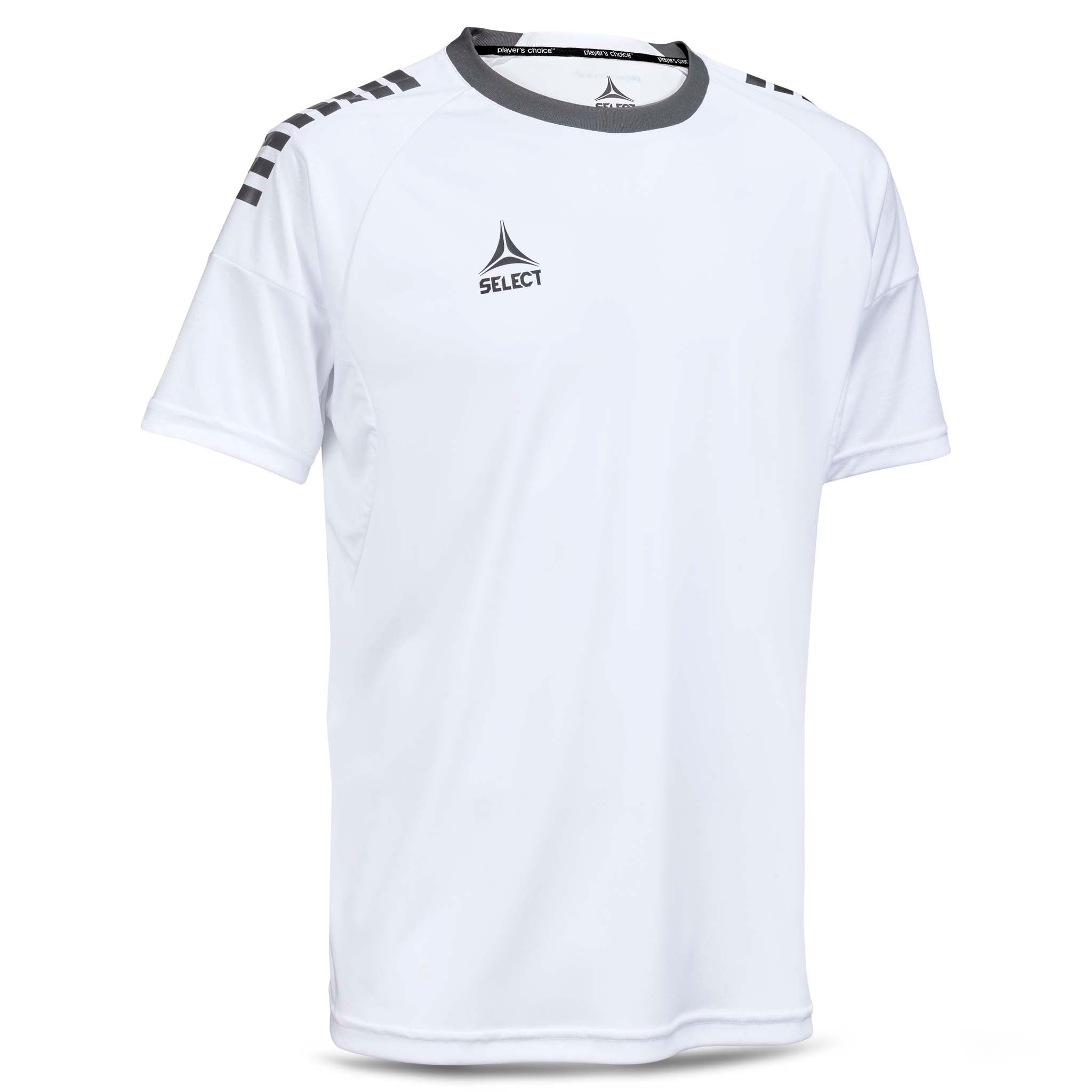 Forside av hvit Player shirt S/S Spain v25 football Match & Training wear med grå skulderdetaljer