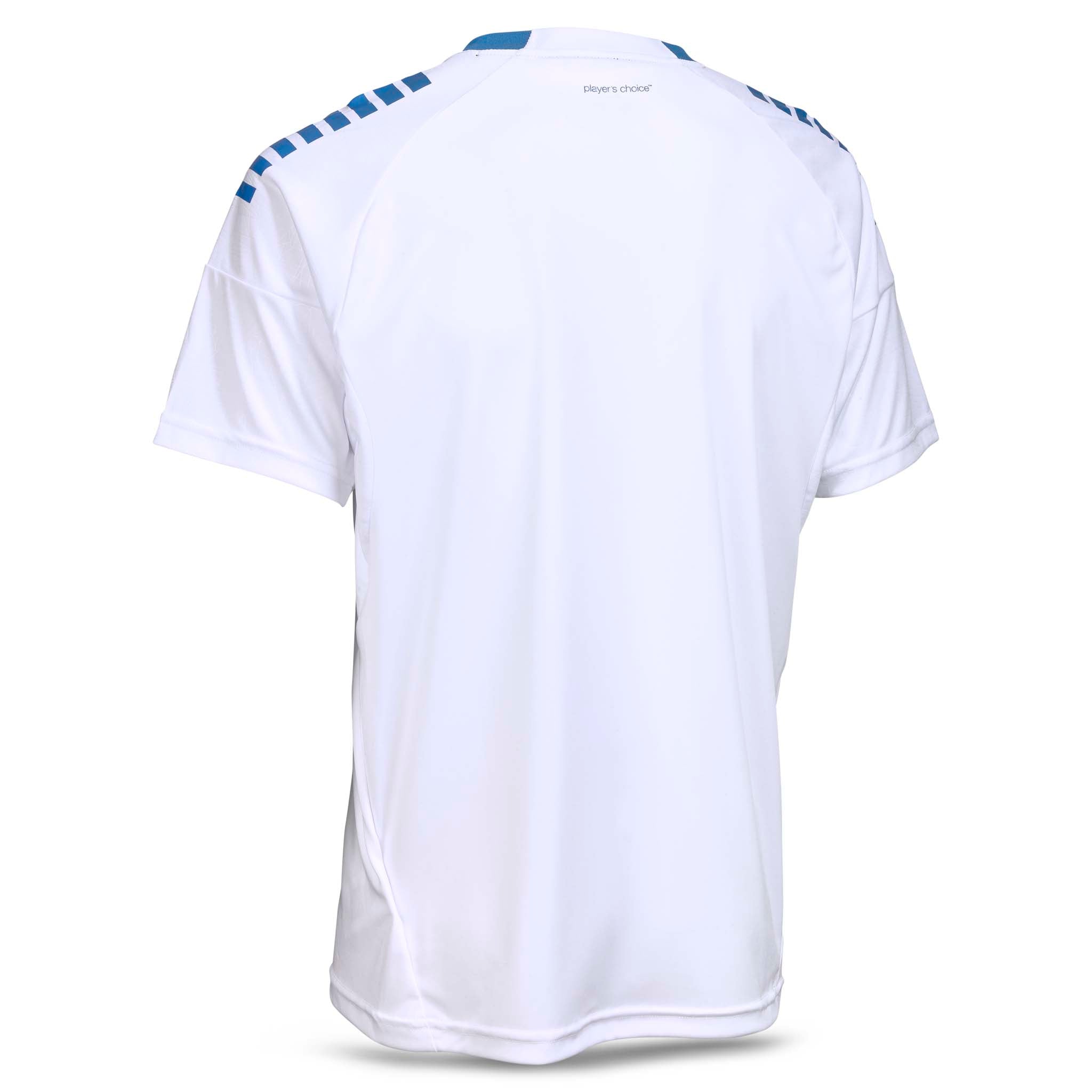 Bakside av hvit Player shirt S/S Spain v25 med blå skulderdetalj, fotball Match & Training wear