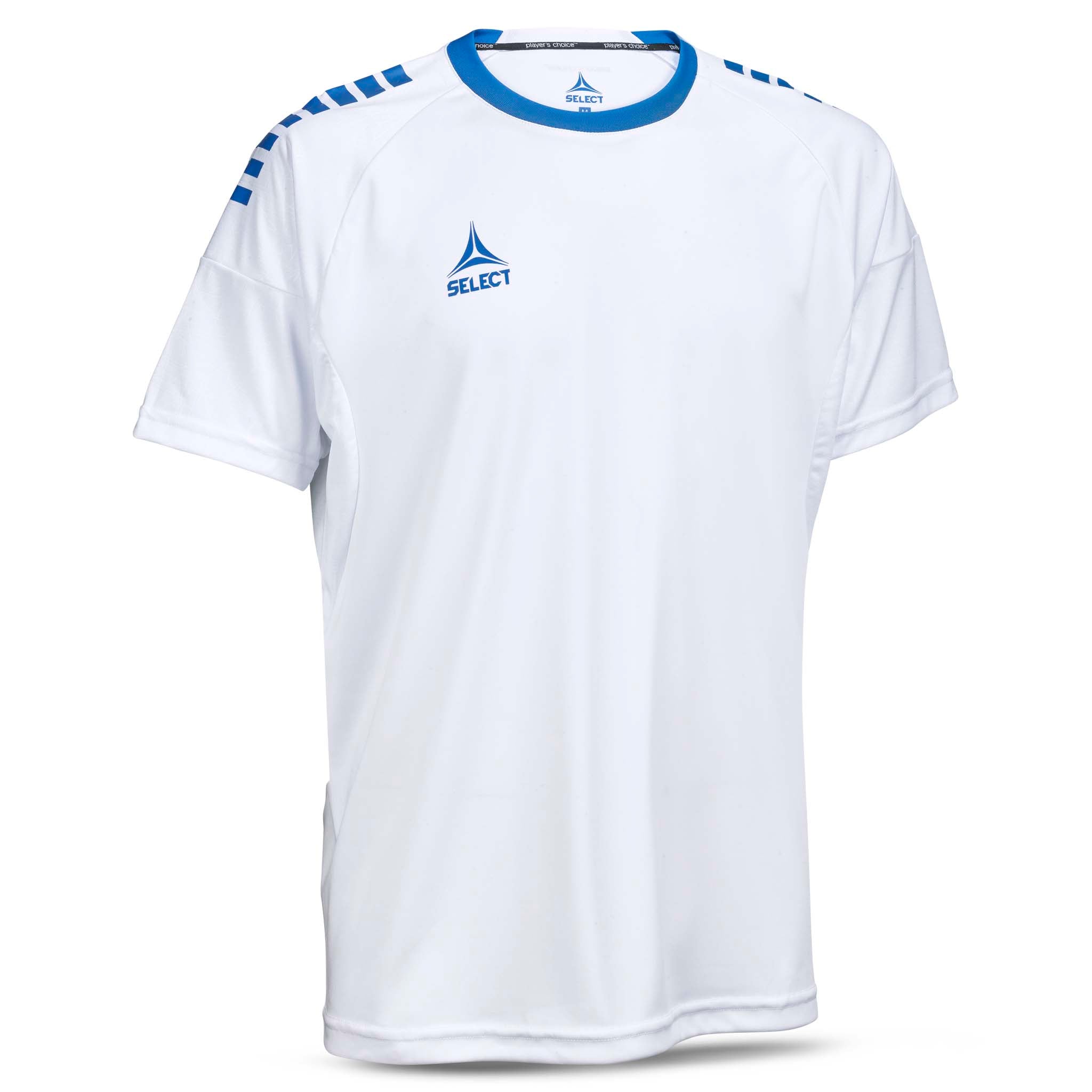 Player shirt S/S Spain v25, kamp- og treningstøy, hvit med blå detaljer, sett forfra