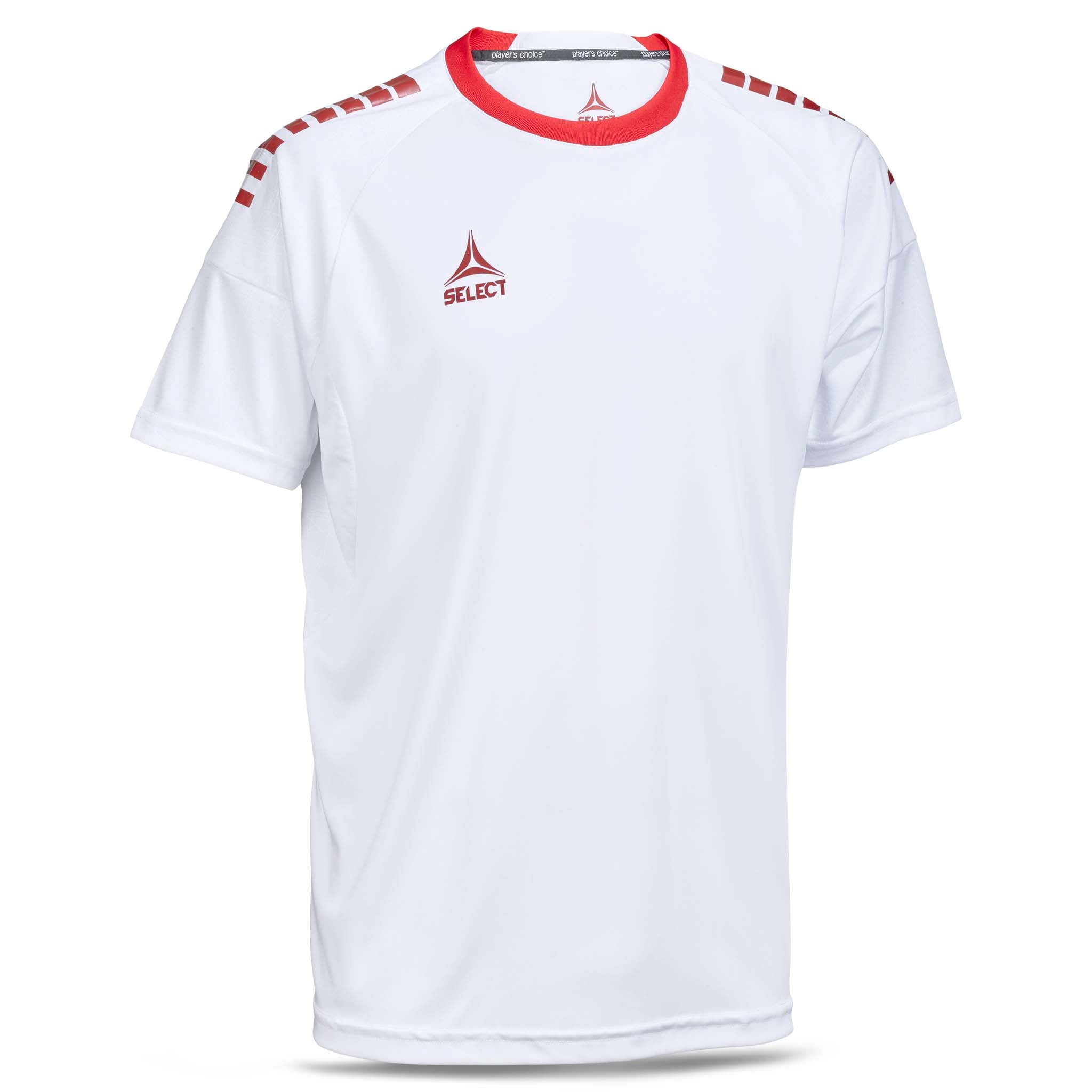 Player shirt S/S Spain v25, kamp- og treningstøy, hvit med røde detaljer, sett forfra