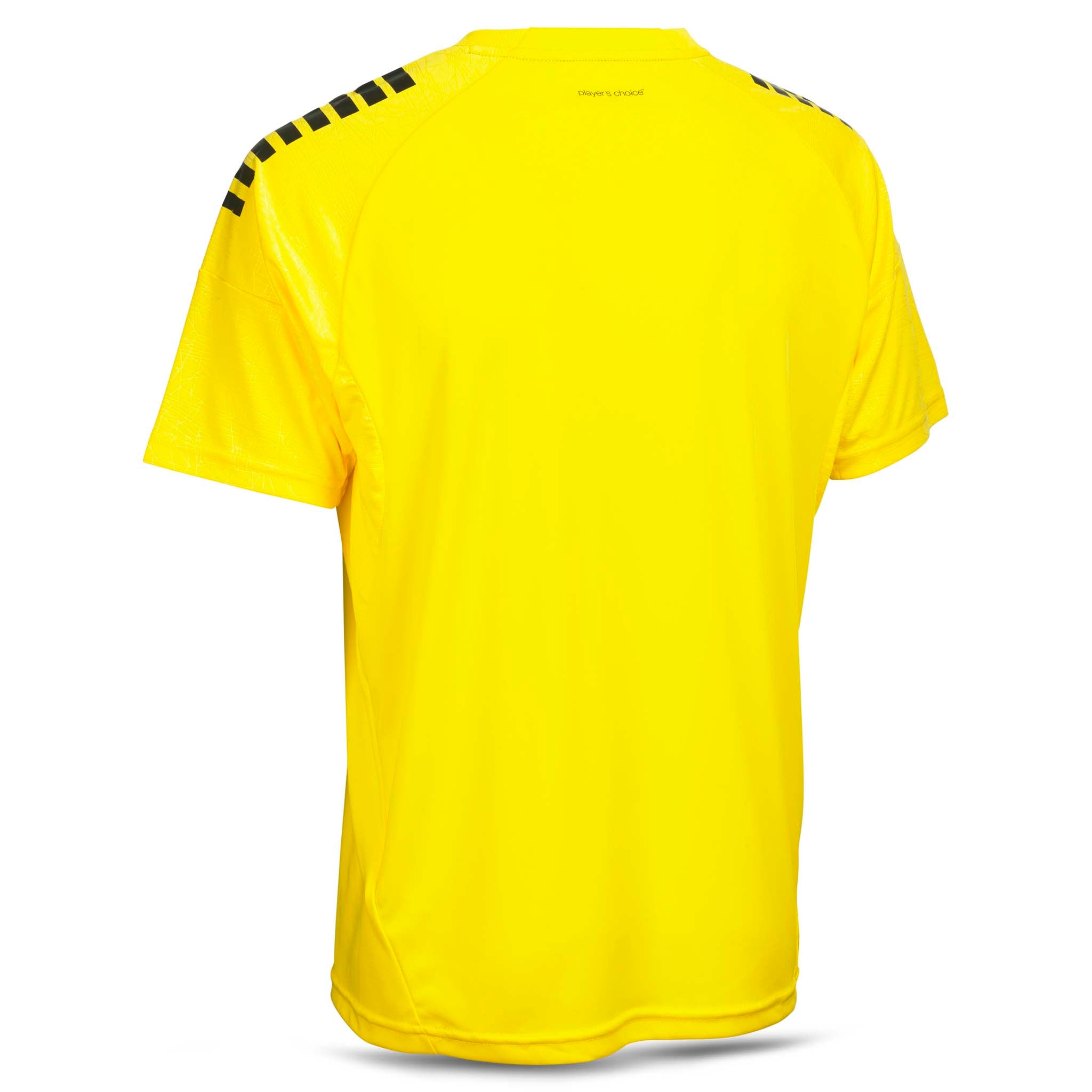 Bakside av gul Player shirt S/S Spain v25 med svarte skulderstriper, fotball Match & Training wear