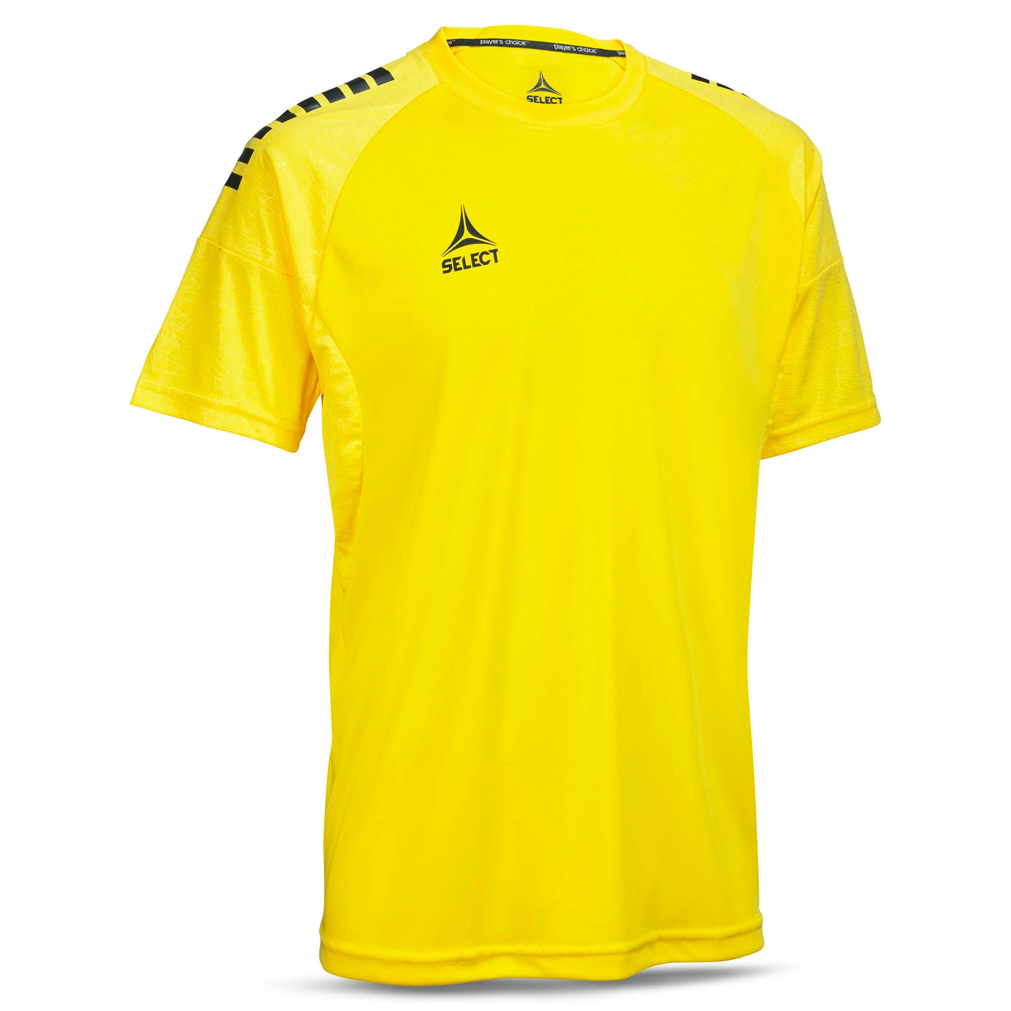 Forside av gul Player shirt S/S Spain v25 med sort skulderdetalj, fotball Match & Training wear