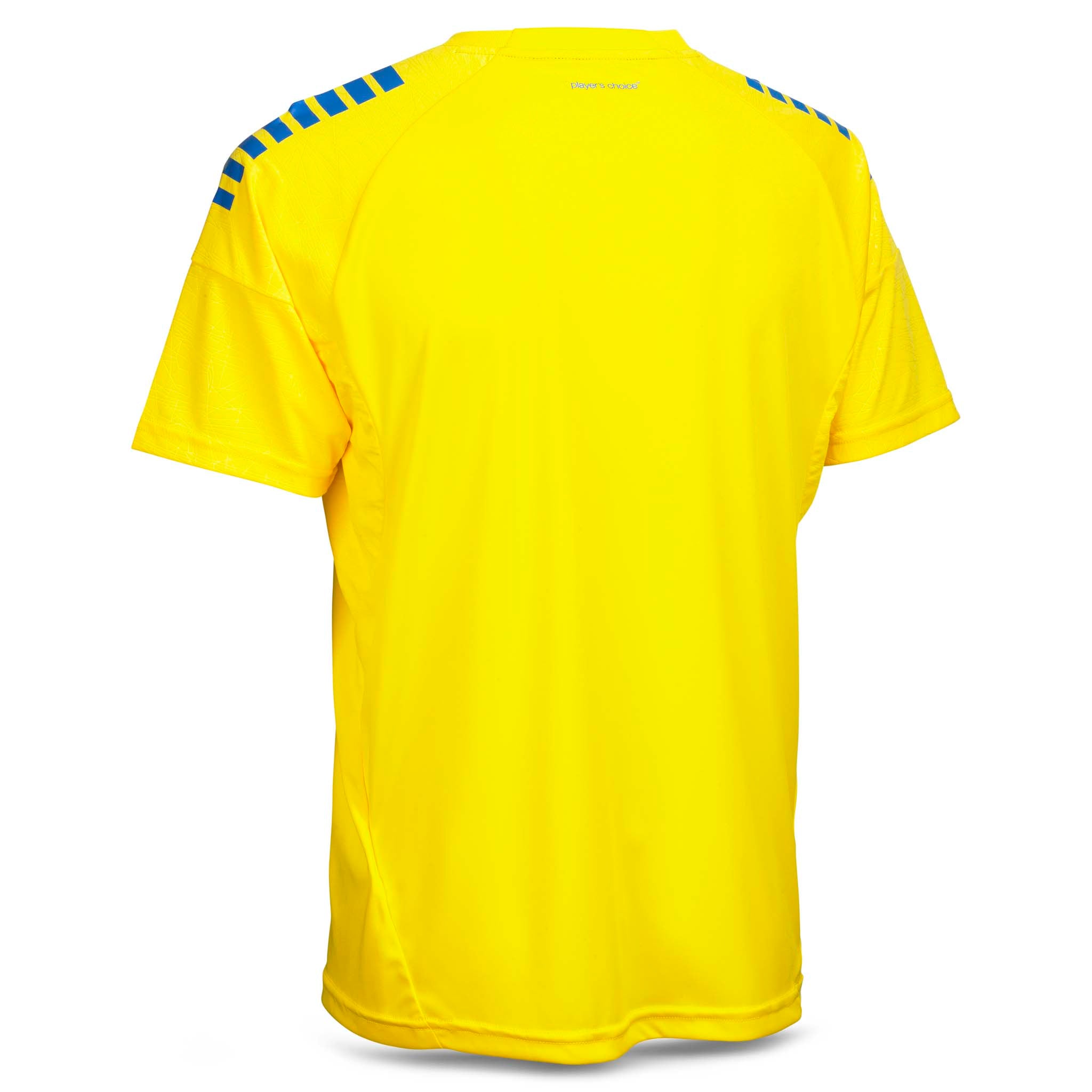 Bakside av gul Player shirt S/S Spain v25 med blå skulderdetaljer, Match & Training wear fotball