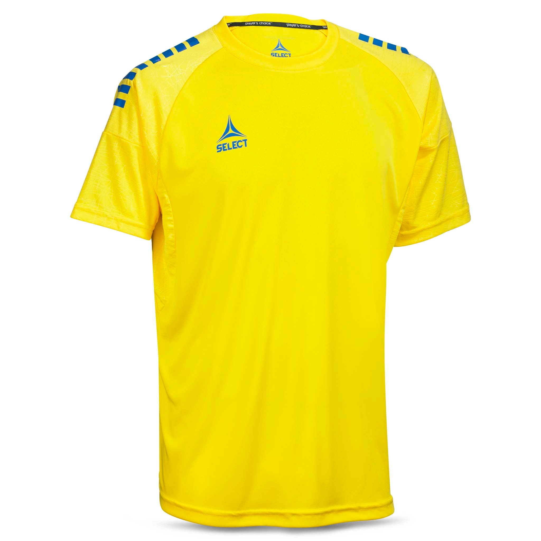 Forfra av gul Player shirt S/S Spain v25 med blå skulderdetaljer, kamp- og treningstøy til fotball.