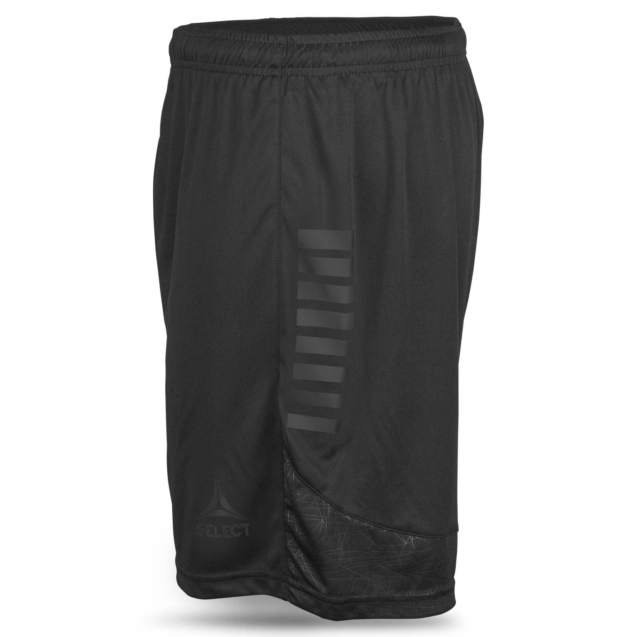 Svarte Player shorts Spain v25, kamp- og treningstøy, sett fra venstre med diskret stripedetalj og logo.