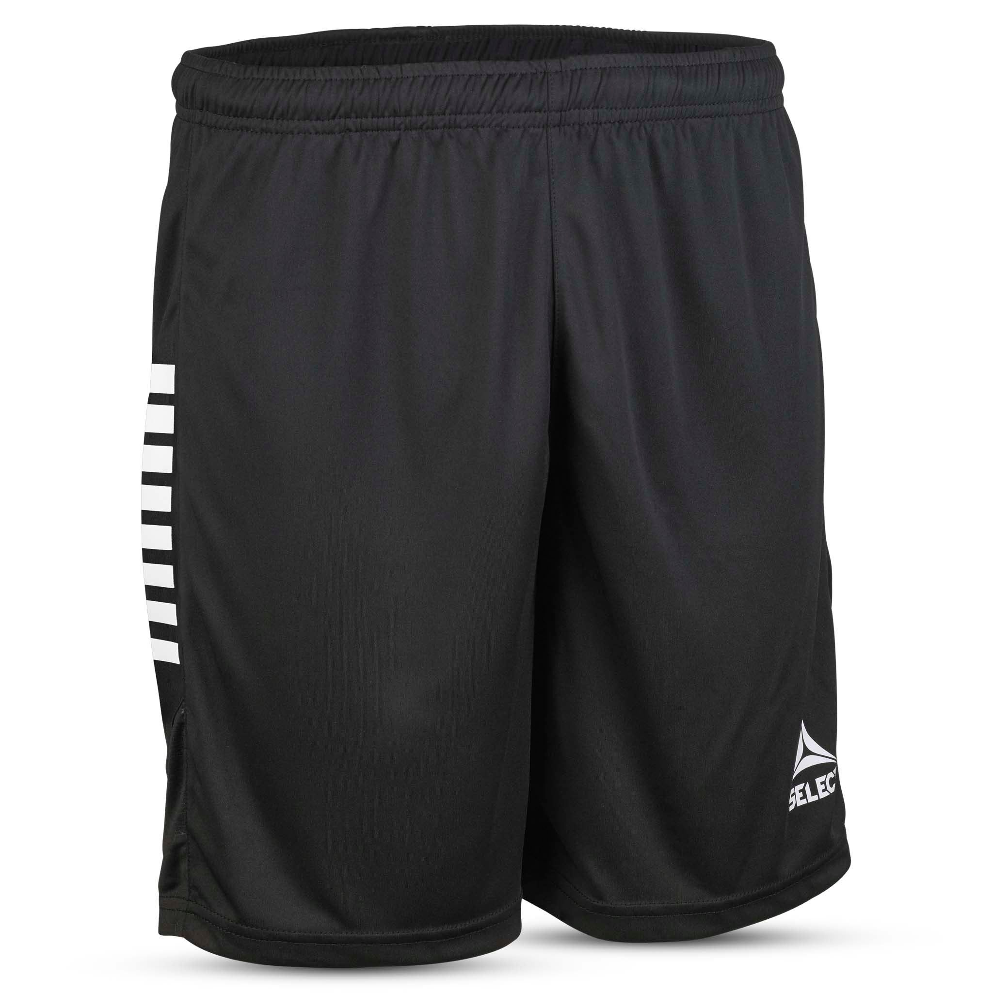 Svarte Player shorts Spain v25, sett forfra, med hvite striper. Match & Training wear til fotball.