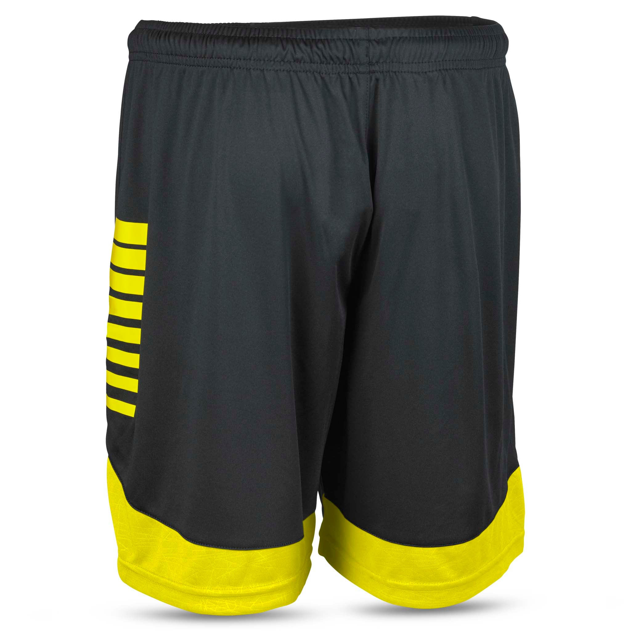 Svarte og gule Player shorts Spain v25, Kamp- og treningstøy, bakside med gule striper og kant