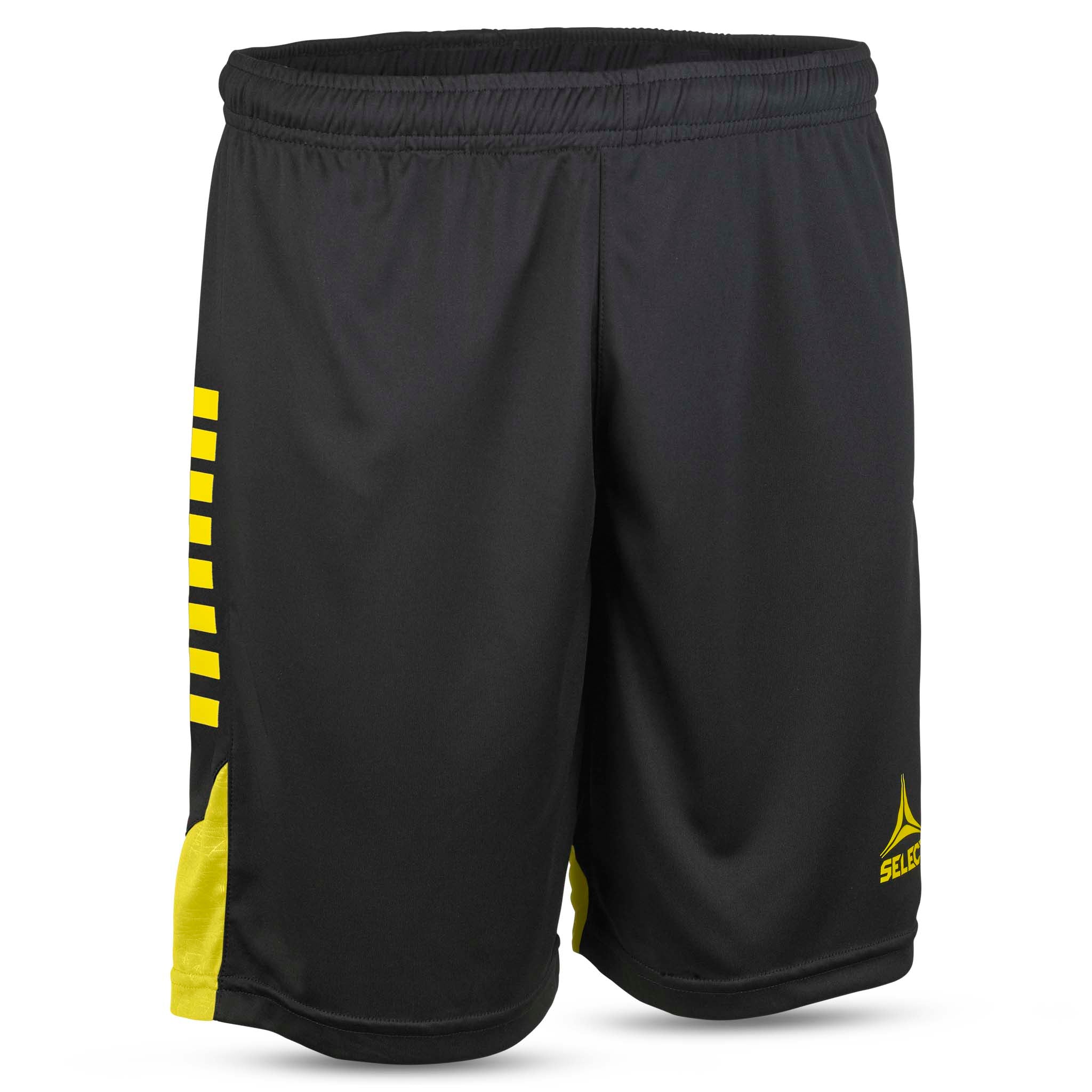 Player shorts Spain v25, svart med gule striper, Match & Training wear, sett forfra.