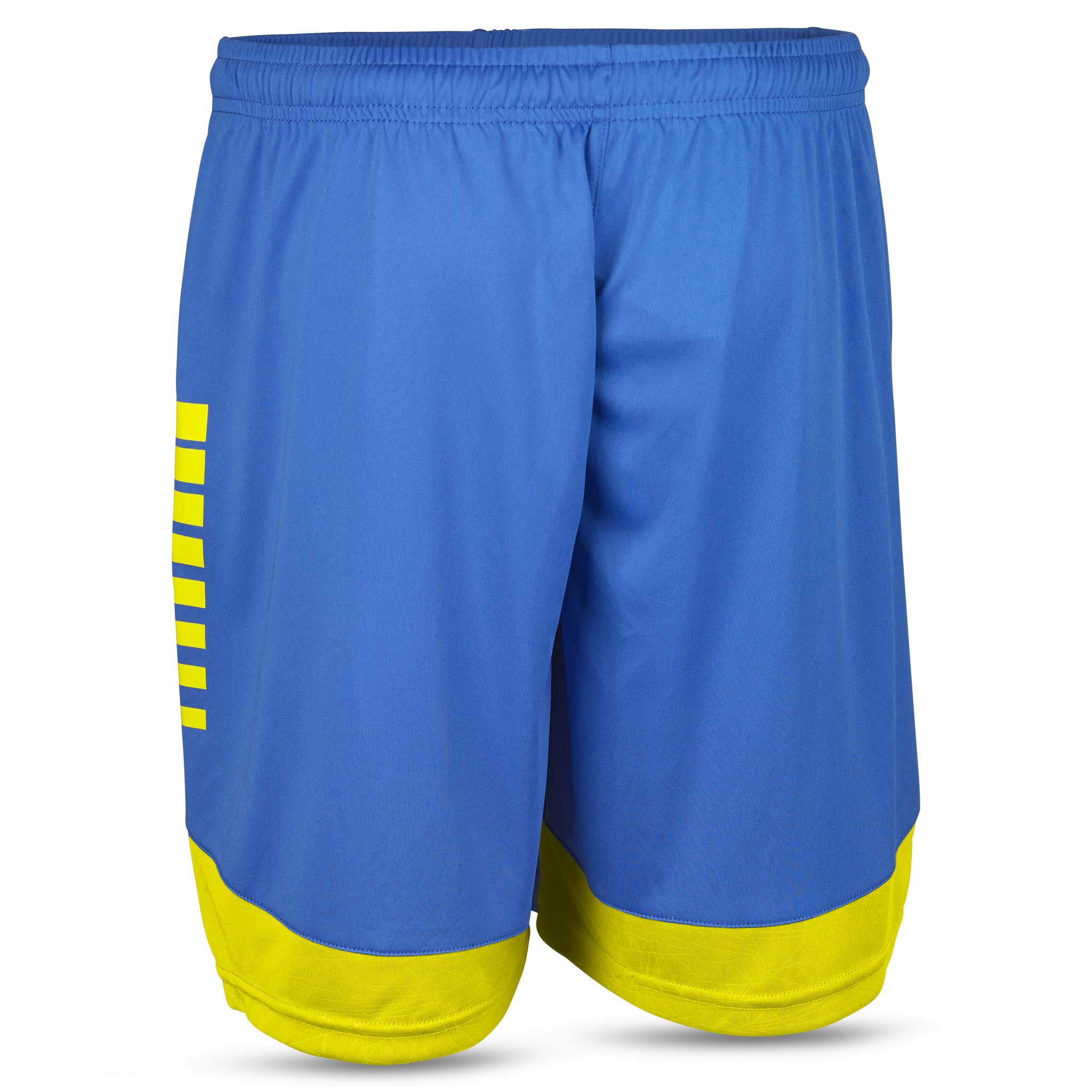Blå Player shorts Spain v25 med gule striper, bakside. Kamp- og treningsklær.