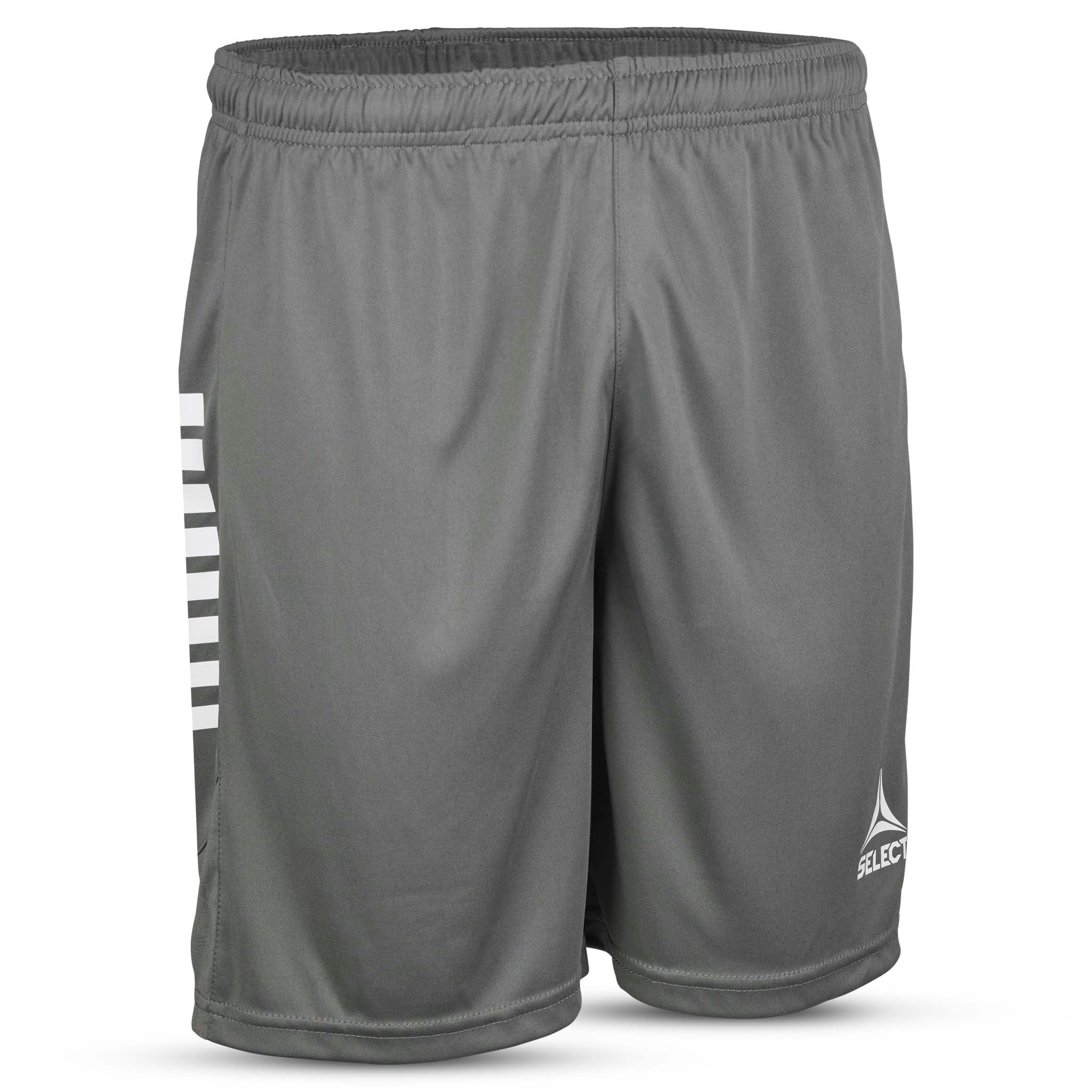 Forside av grå Player shorts Spain v25 med hvite striper, Match & Training-klær for fotball.