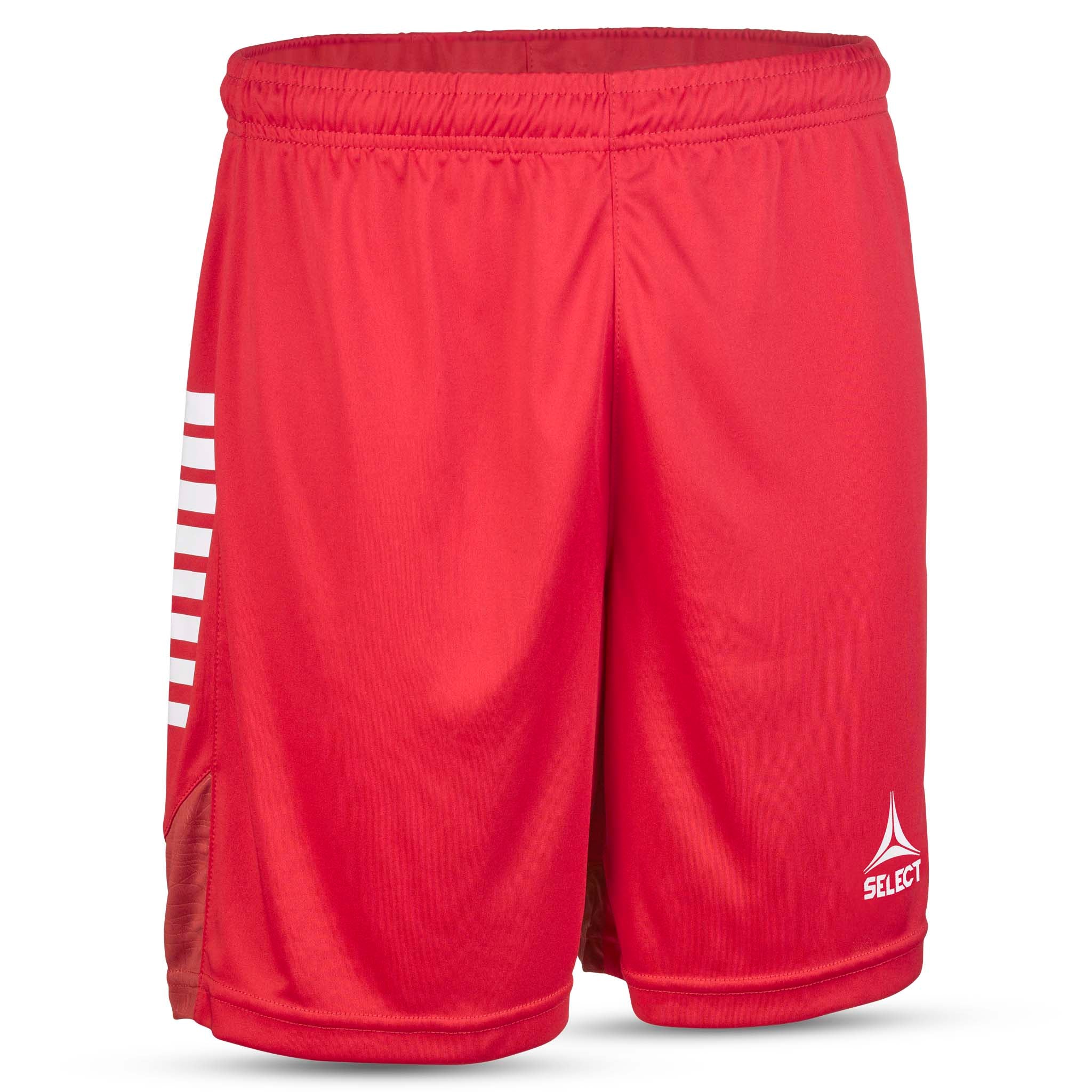 Forside av røde Player shorts Spain v25 med hvite striper, Kamp- & treningstøy