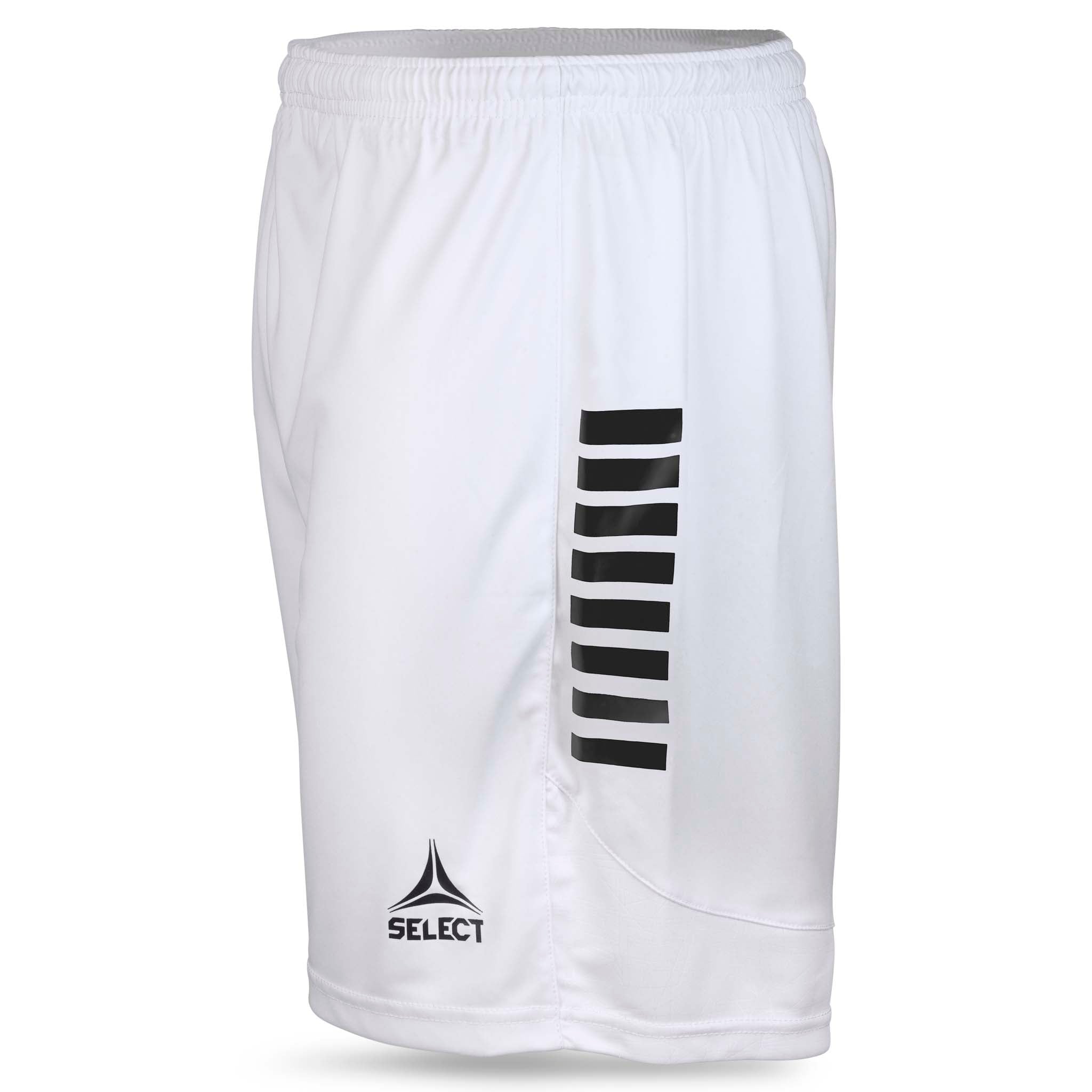 Hvite Player shorts Spain v25 med sorte striper og logo, Match & Training wear, sett fra venstre side.