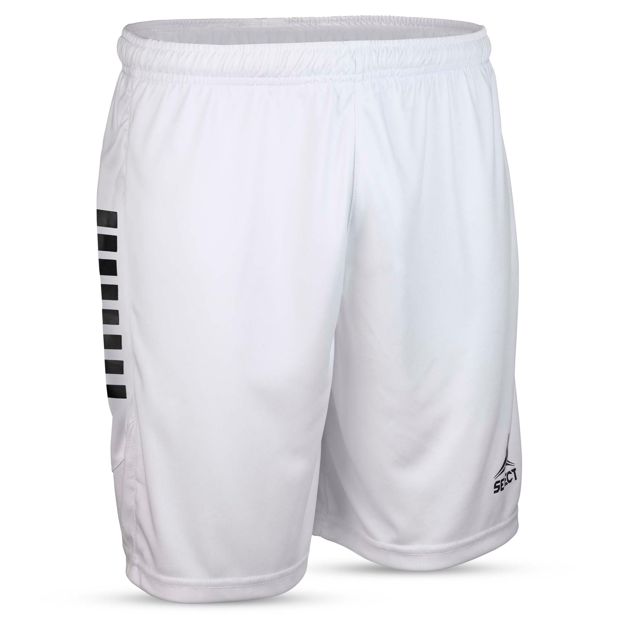 Forside av hvite Player shorts Spain v25 med svarte sidestriper, Match & Training wear til fotball.