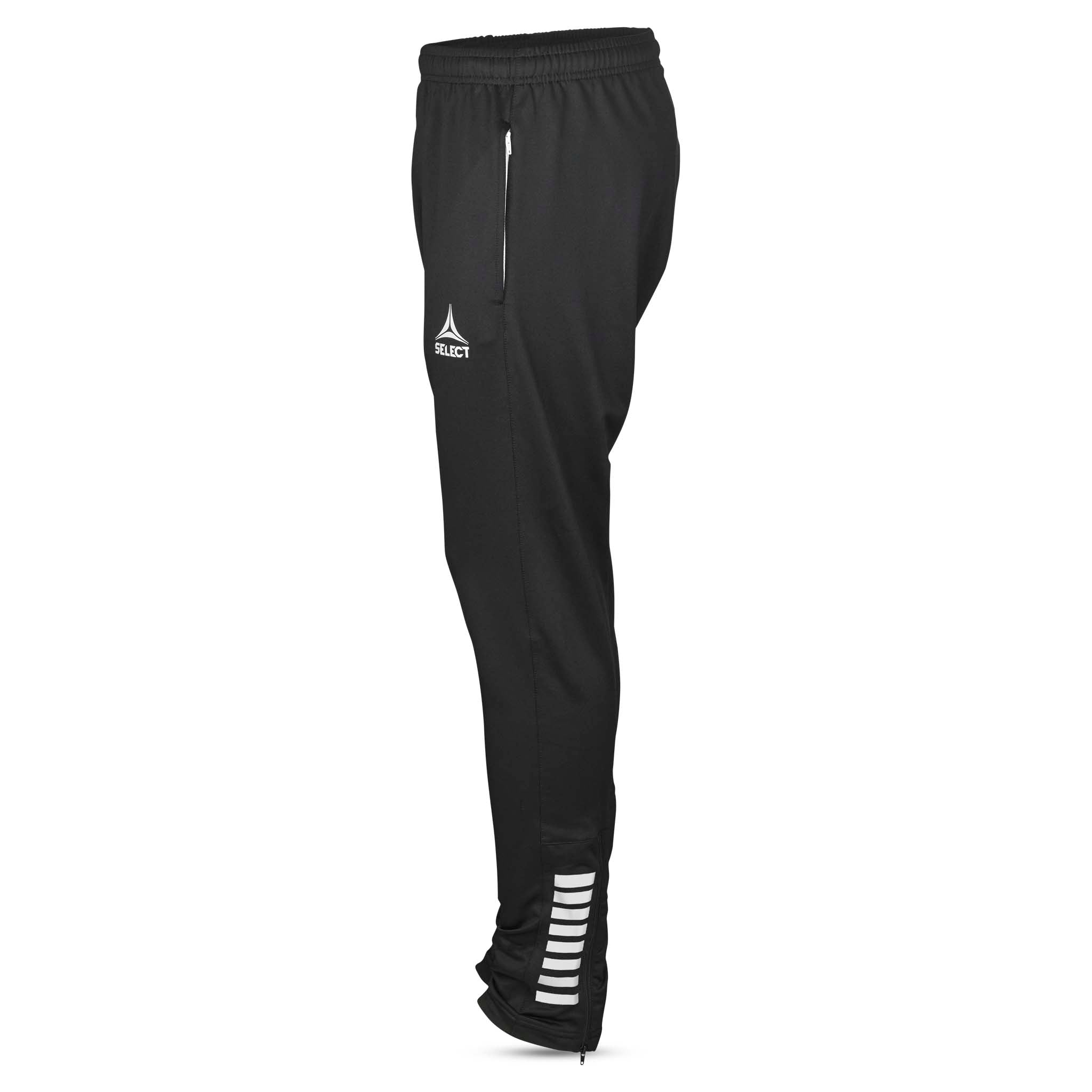 Svarte regularFit Spain v25 treningsbukser, Match & Training wear, venstre side med hvit logo og ankeldetalj.