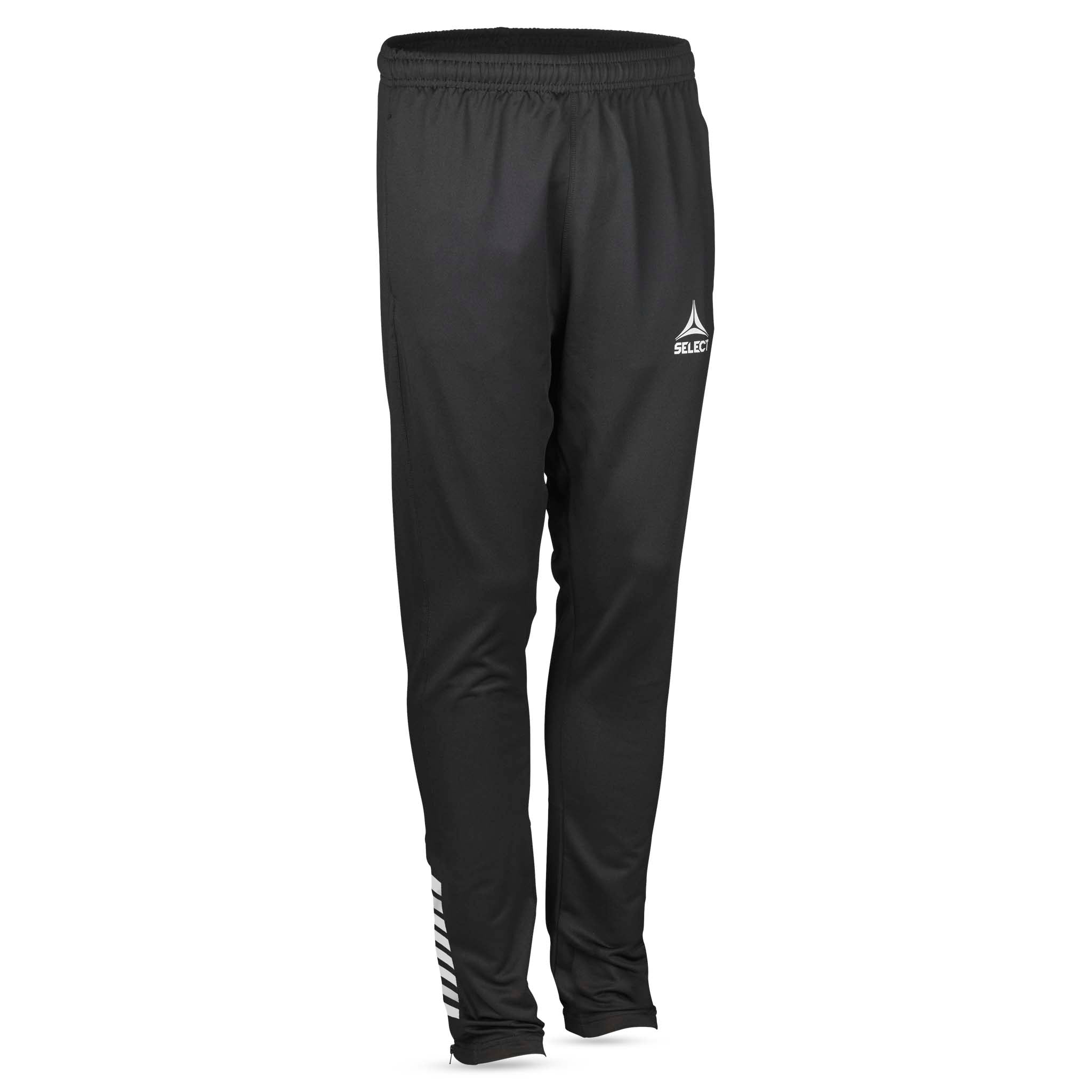 Svarte Training pants regularFit Spain v25, Kamp- og treningstøy, sett forfra med hvit logo og detaljer.