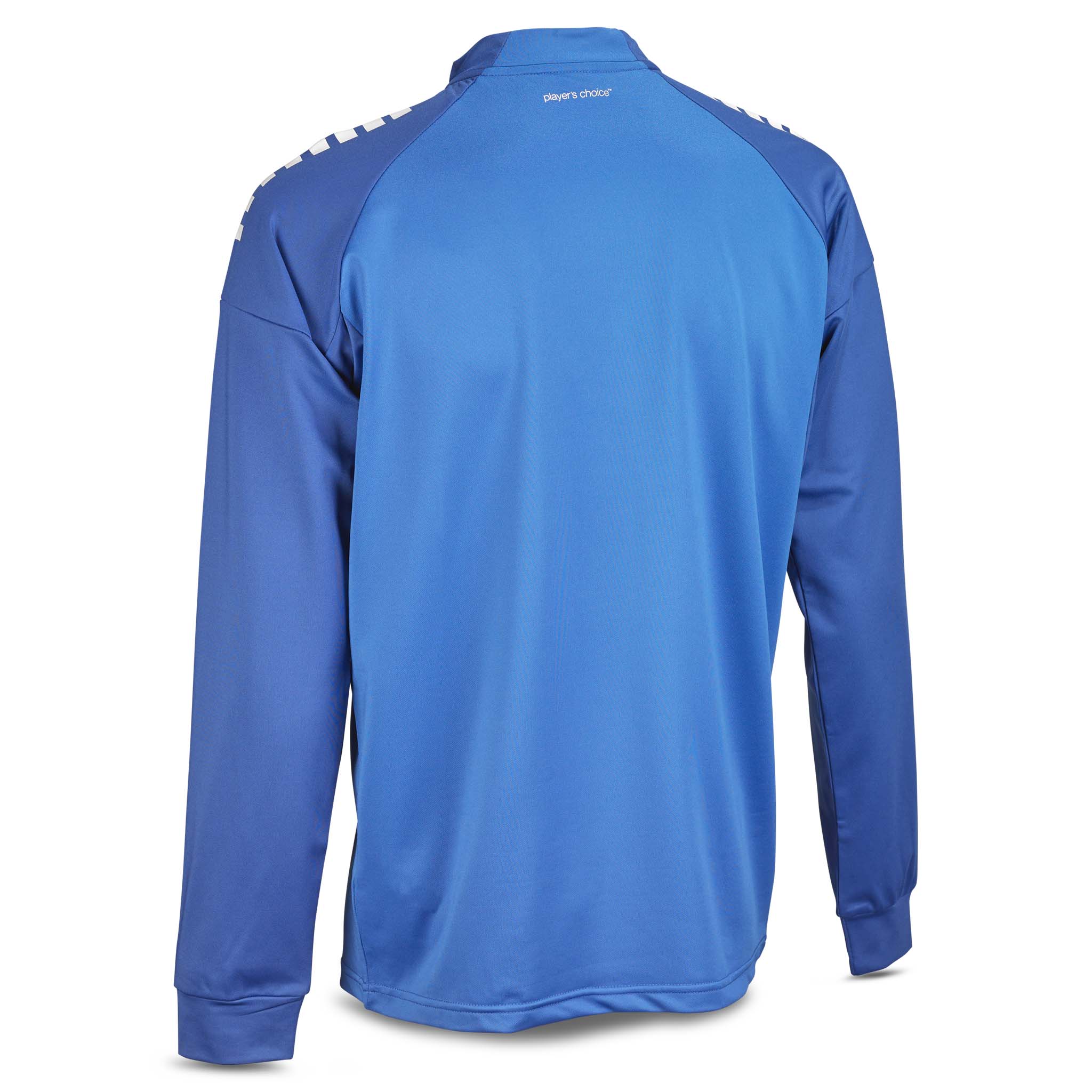 Bakside av blå Training sweat 1/2 zip Spain v25, fotball Match & Training wear med mørkere blå skuldre.