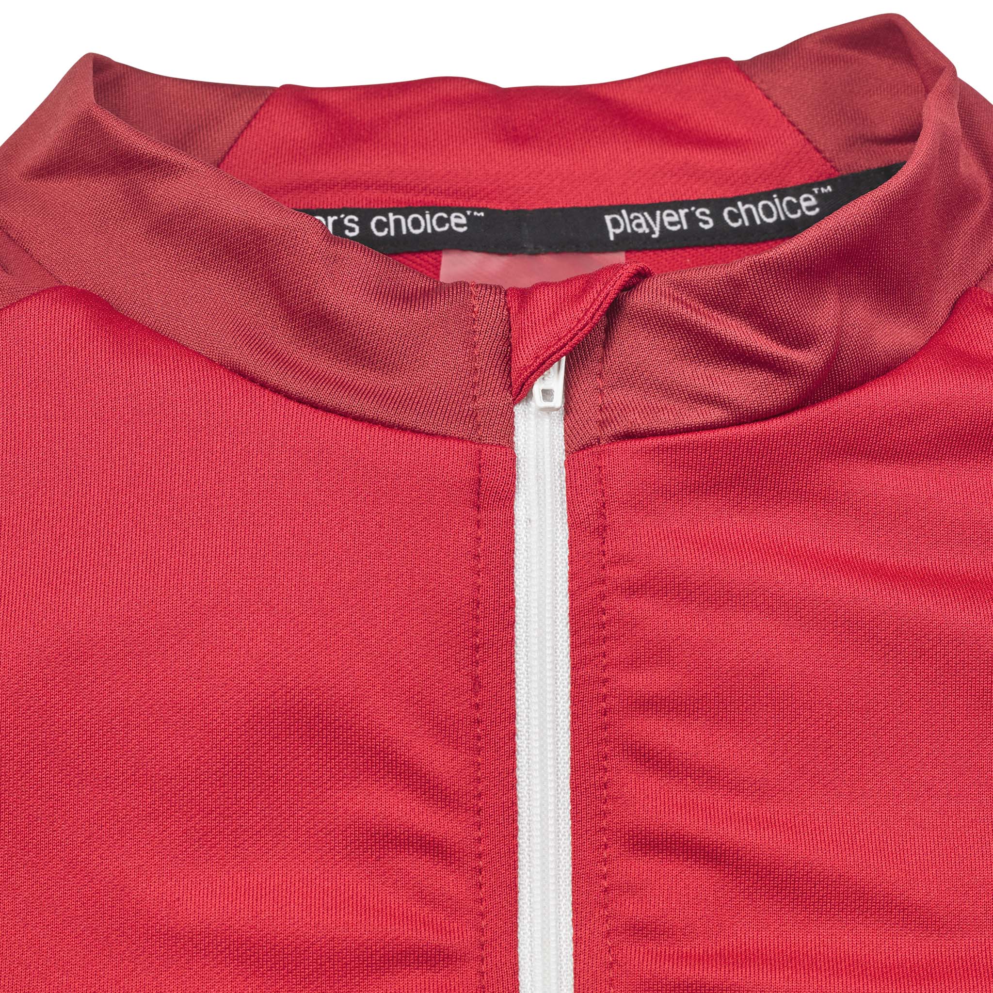 Nærbilde av rød Training sweat 1/2 zip Spain v25, Match & Training wear, hvit glidelås og sort kravebranding.