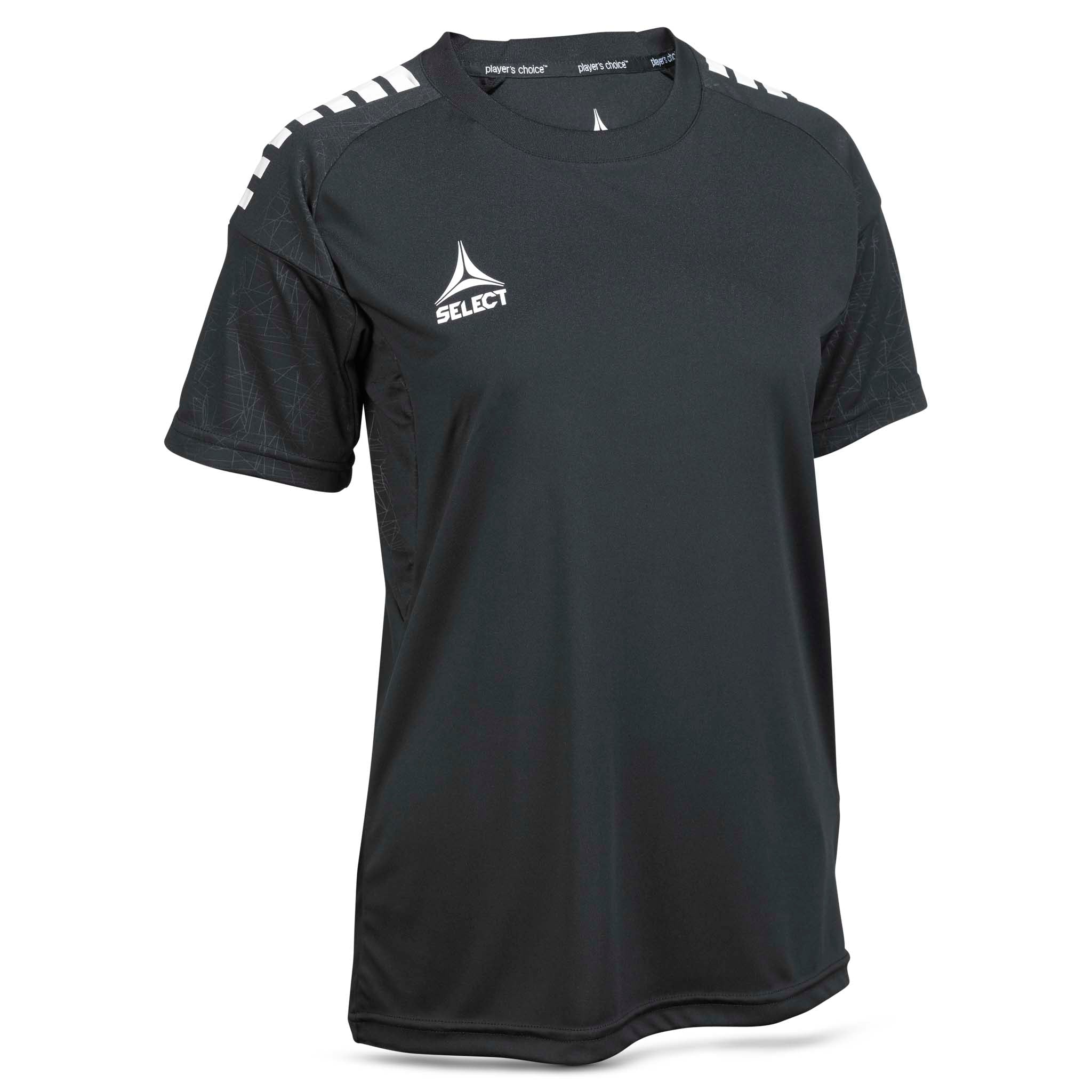 Forfra av svart Player shirt S/S Spain woman v25 med hvit skulderdetalj. Fotball Match & Training wear.