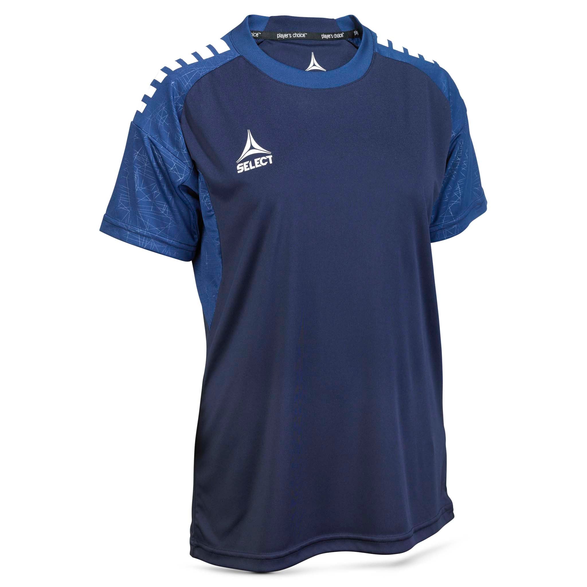Player shirt S/S Spain woman v25, Match & Training klær, sett forfra, marineblå med hvit logo og blå skulderdetaljer