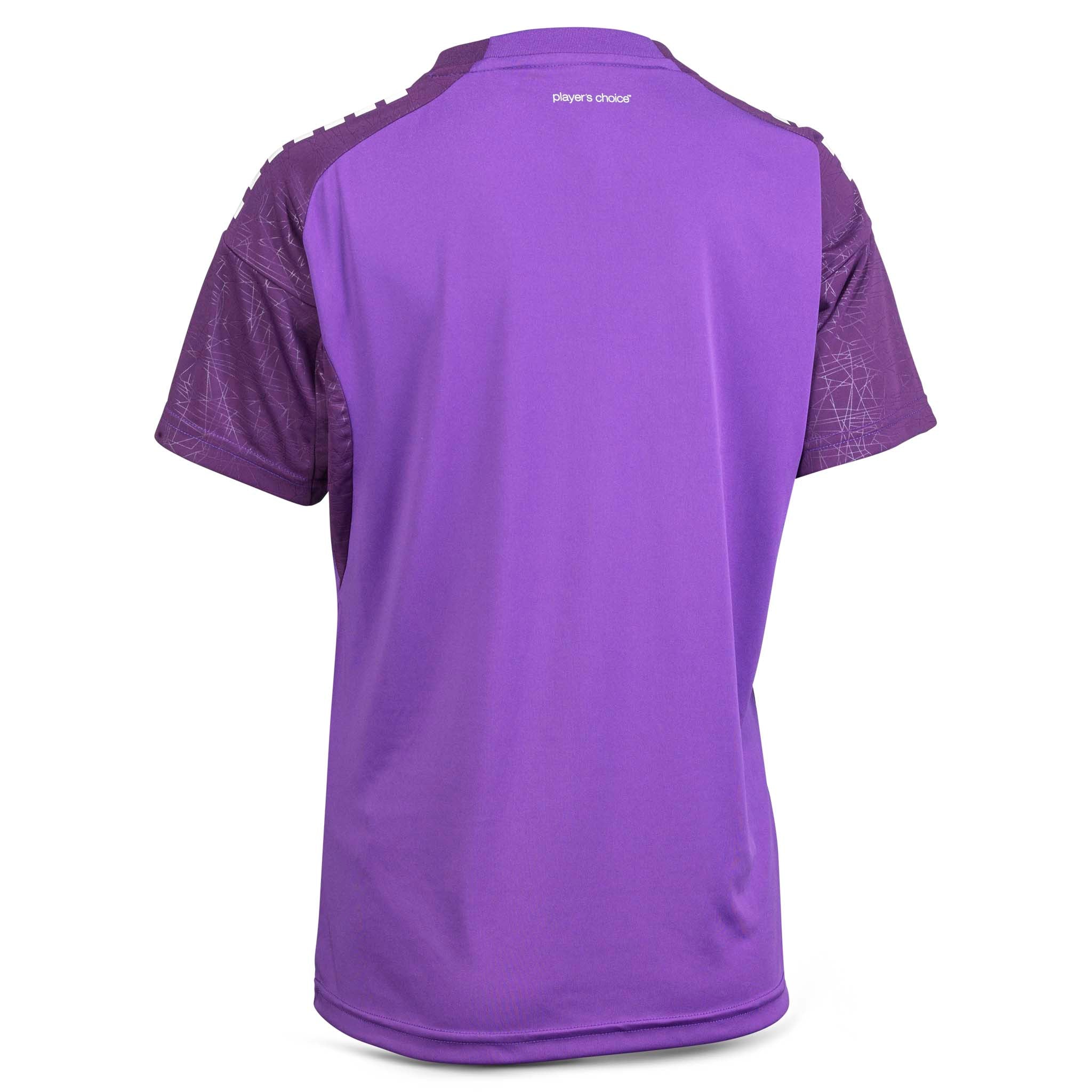 Bakside av lilla Player shirt S/S Spain woman v25, fotball Match & Training wear med strukturerte ermer.