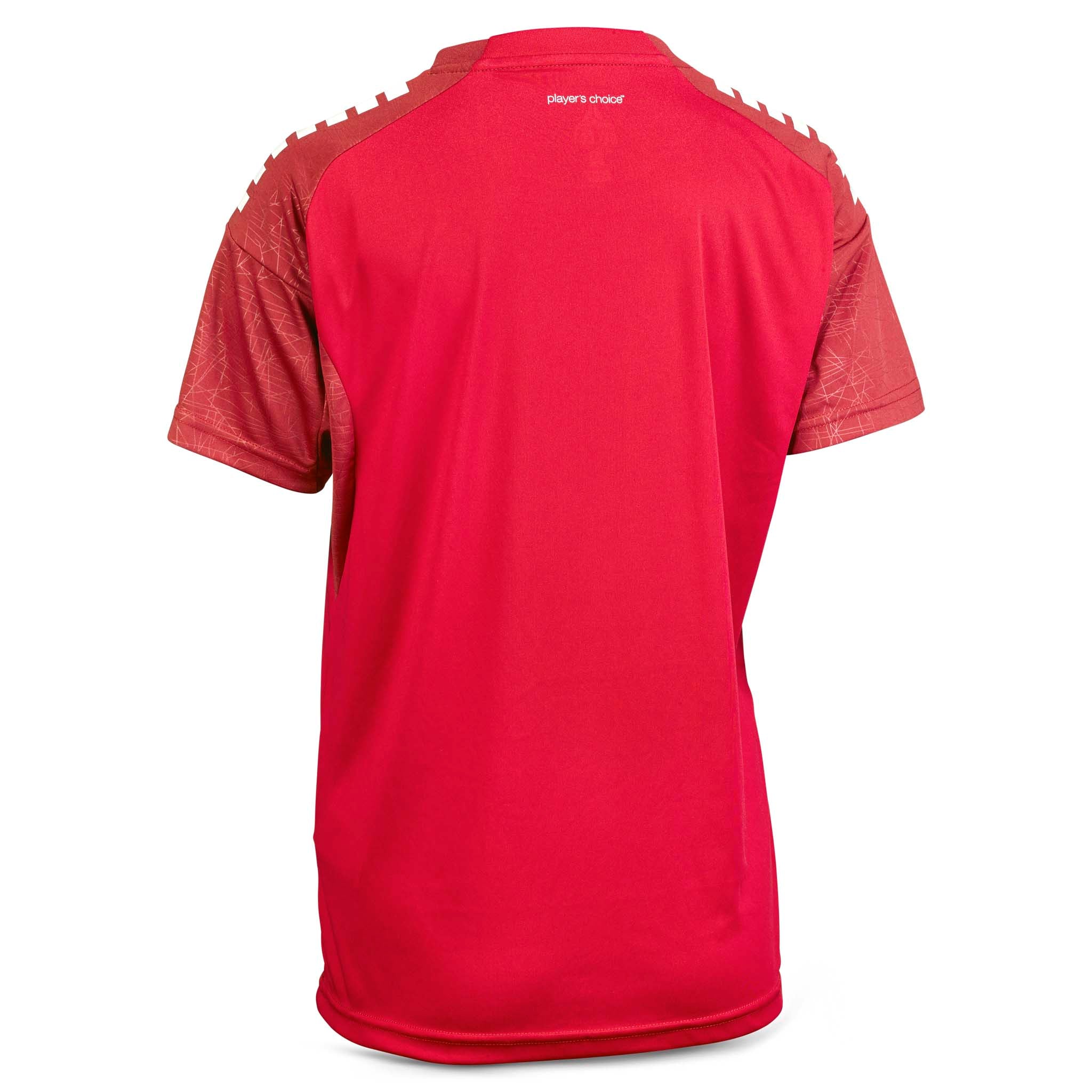 Bakside av rød Player shirt S/S Spain woman v25, Match & Training wear, med mønstrede skuldre.