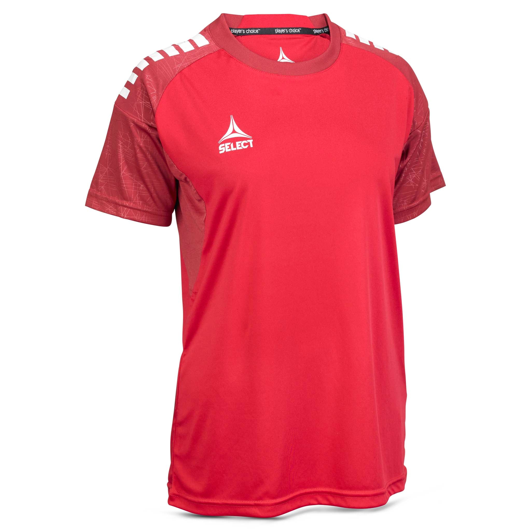 Forside av rød Player shirt S/S Spain woman v25, Match & Training wear, med hvite skulderdetaljer.