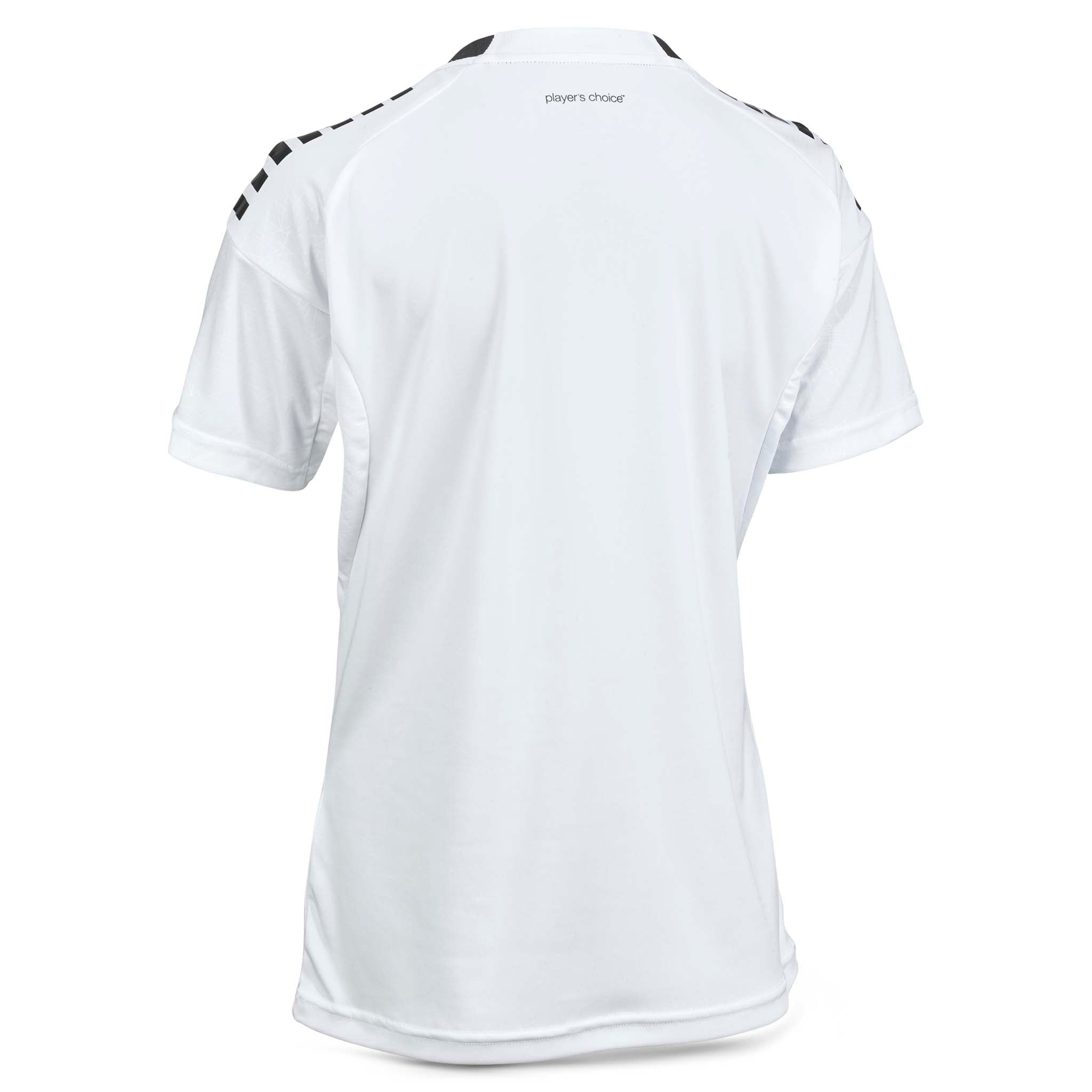 Bakside av hvit Player shirt S/S Spain woman v25 fotball Match & Training wear med svart skulderdetalj