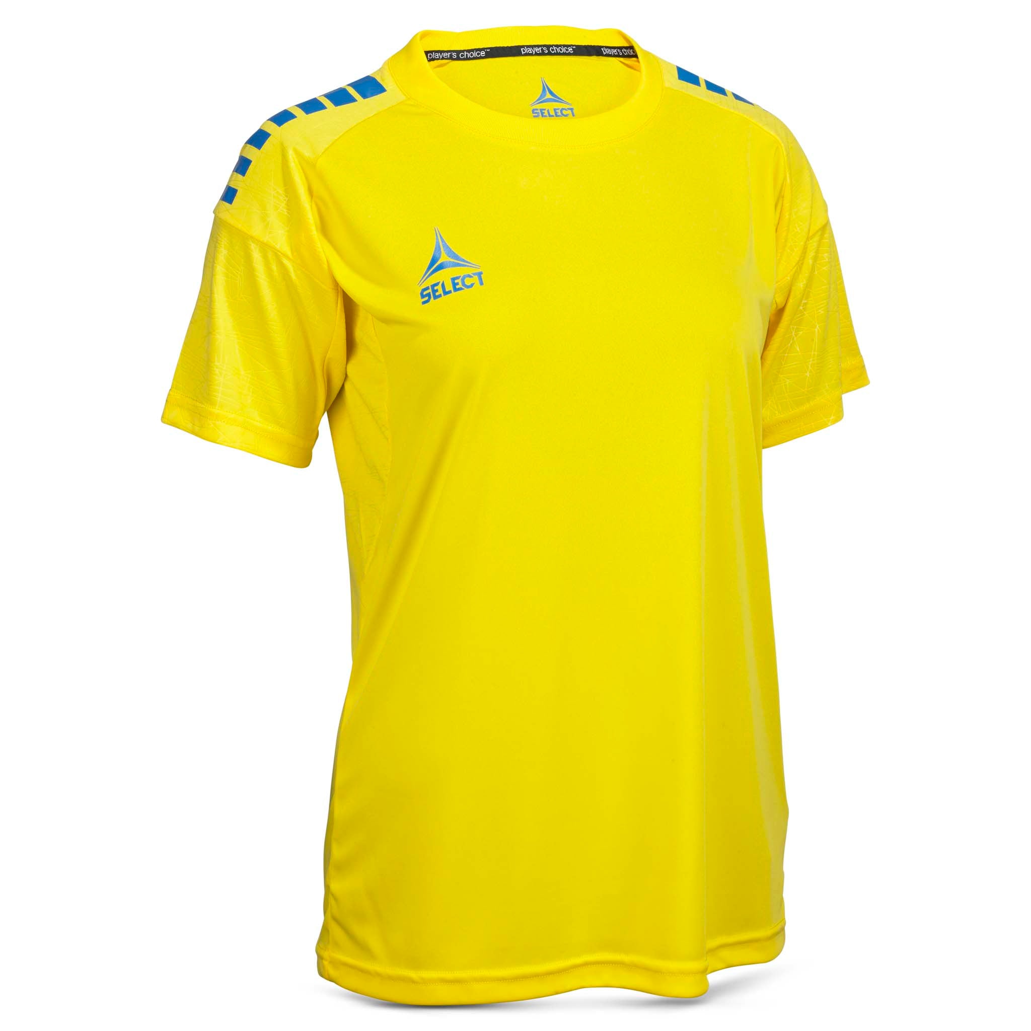 Forside av gul Player shirt S/S Spain woman v25 med blå skulderdetaljer, fotball Match & Training wear