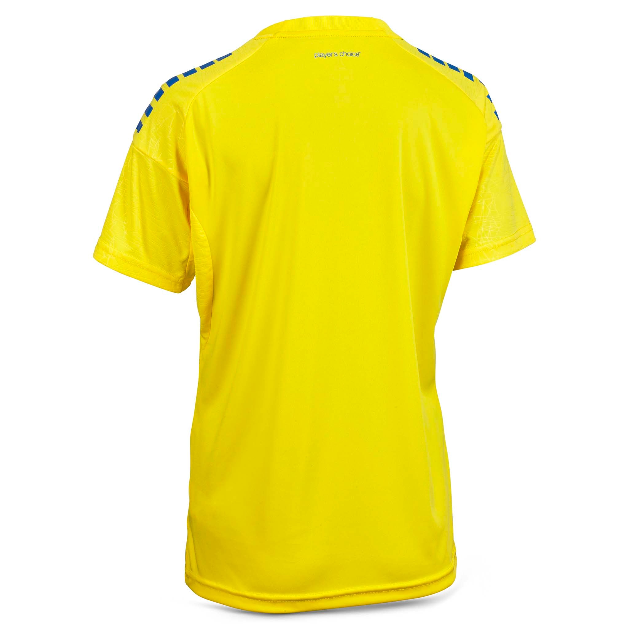 Bakside av gul Player shirt S/S Spain woman v25 med blå skulderdetaljer, fotball Match & Training wear
