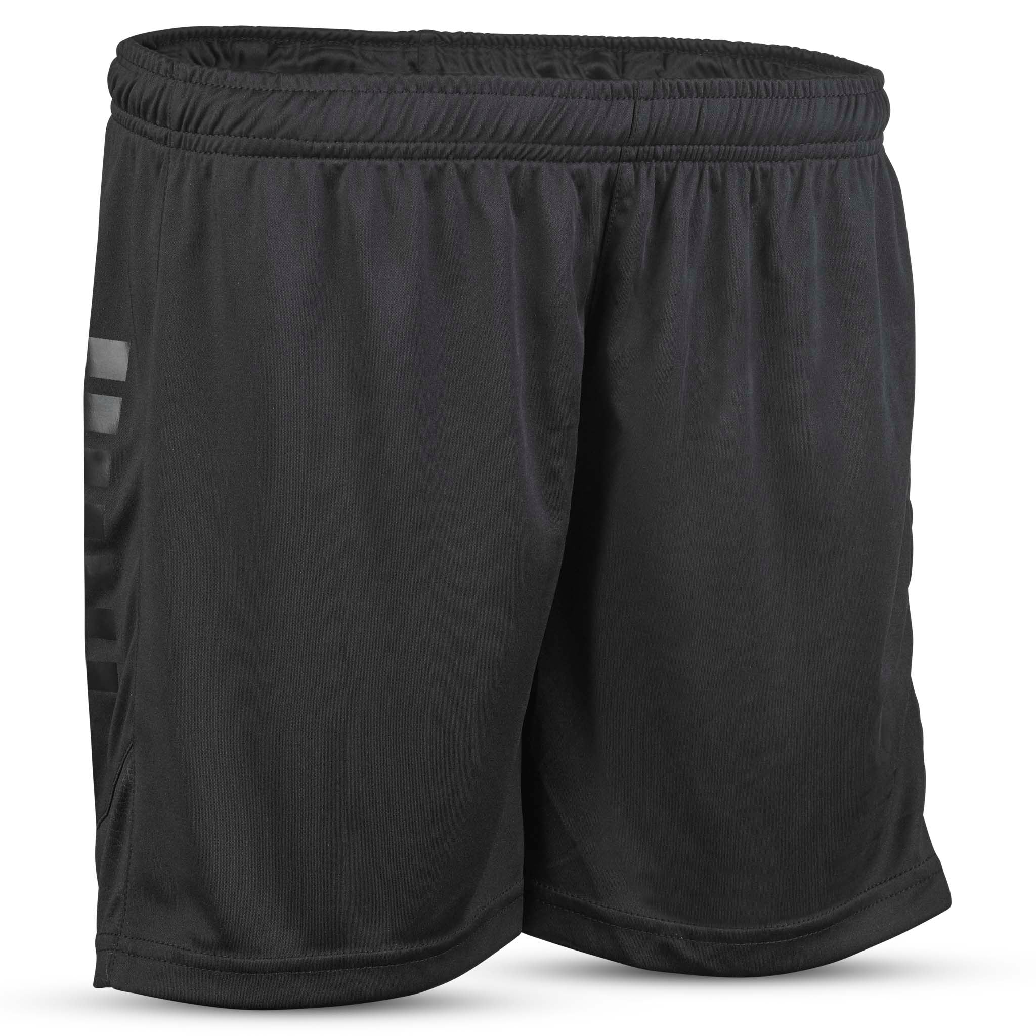 Forfra av svarte Player shorts Spain woman v25, fotball Match & Training wear med diskret grå sidedetalj.