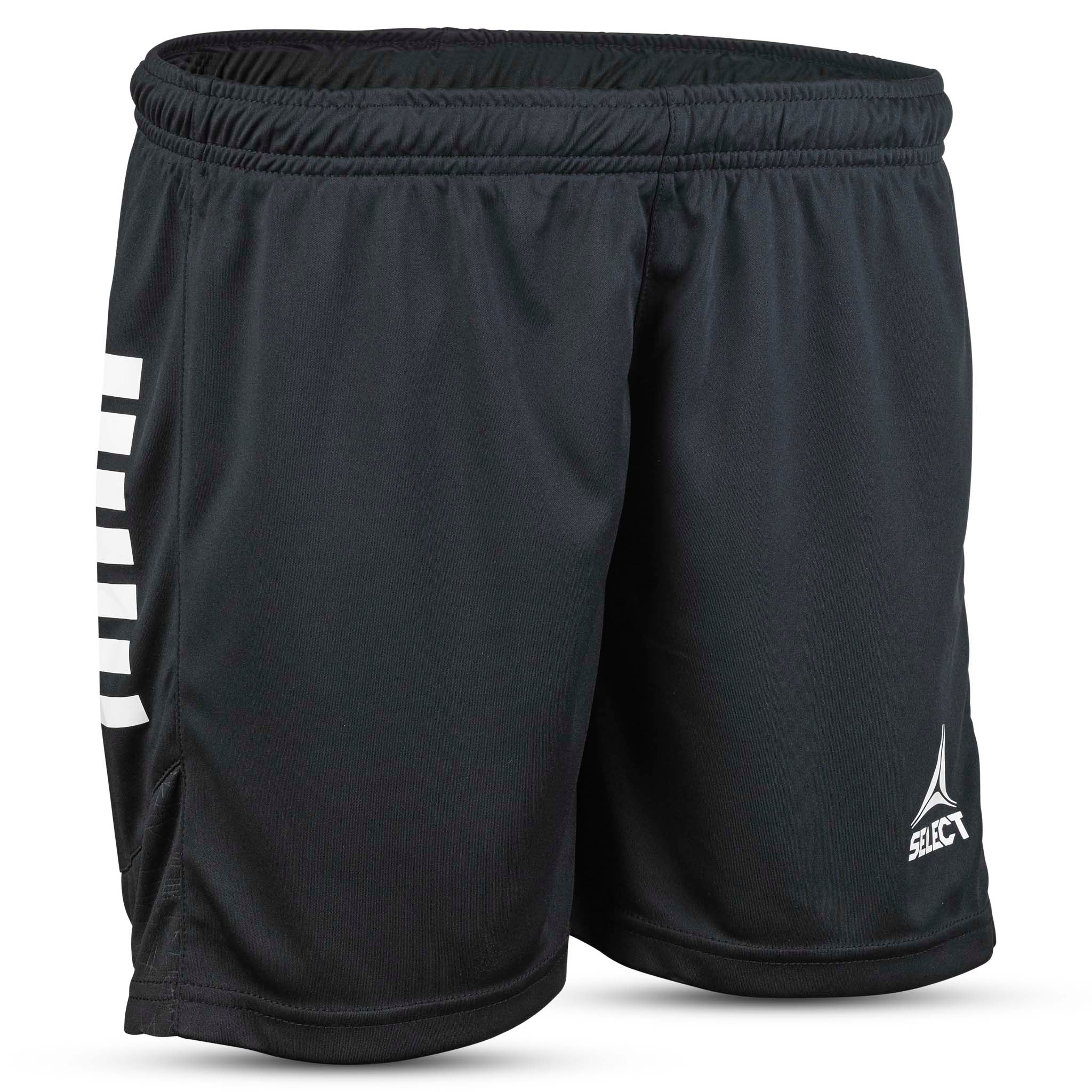Forside av svarte Player shorts Spain woman v25, Match & Training wear, med hvit stripe og Select-logo.