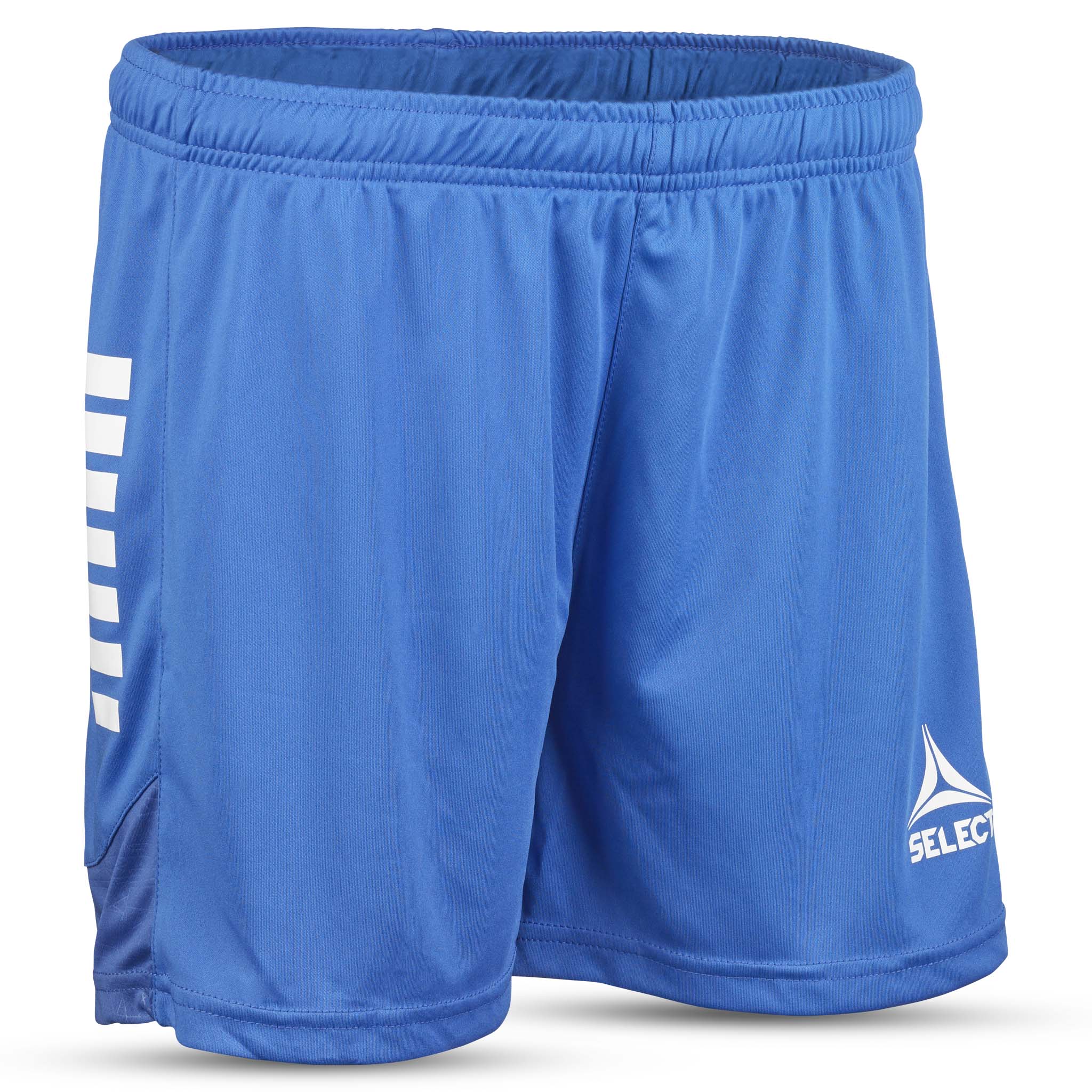 Forside av blå Player shorts Spain woman v25, hvite logodetaljer, Match & Training wear til fotball