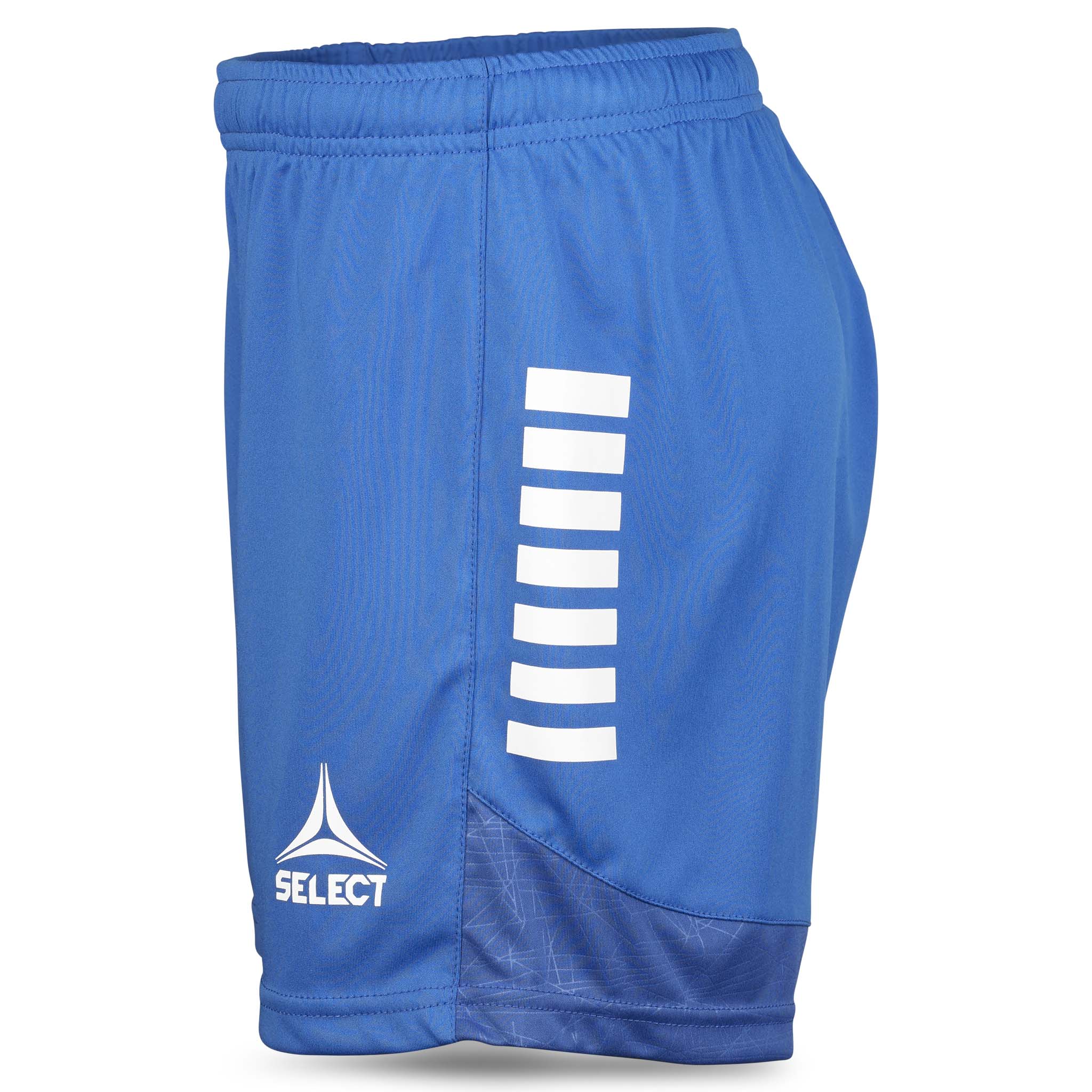 Blå Player shorts Spain woman v25, høyre side, med hvite striper og logo. Match & Training wear fotball.