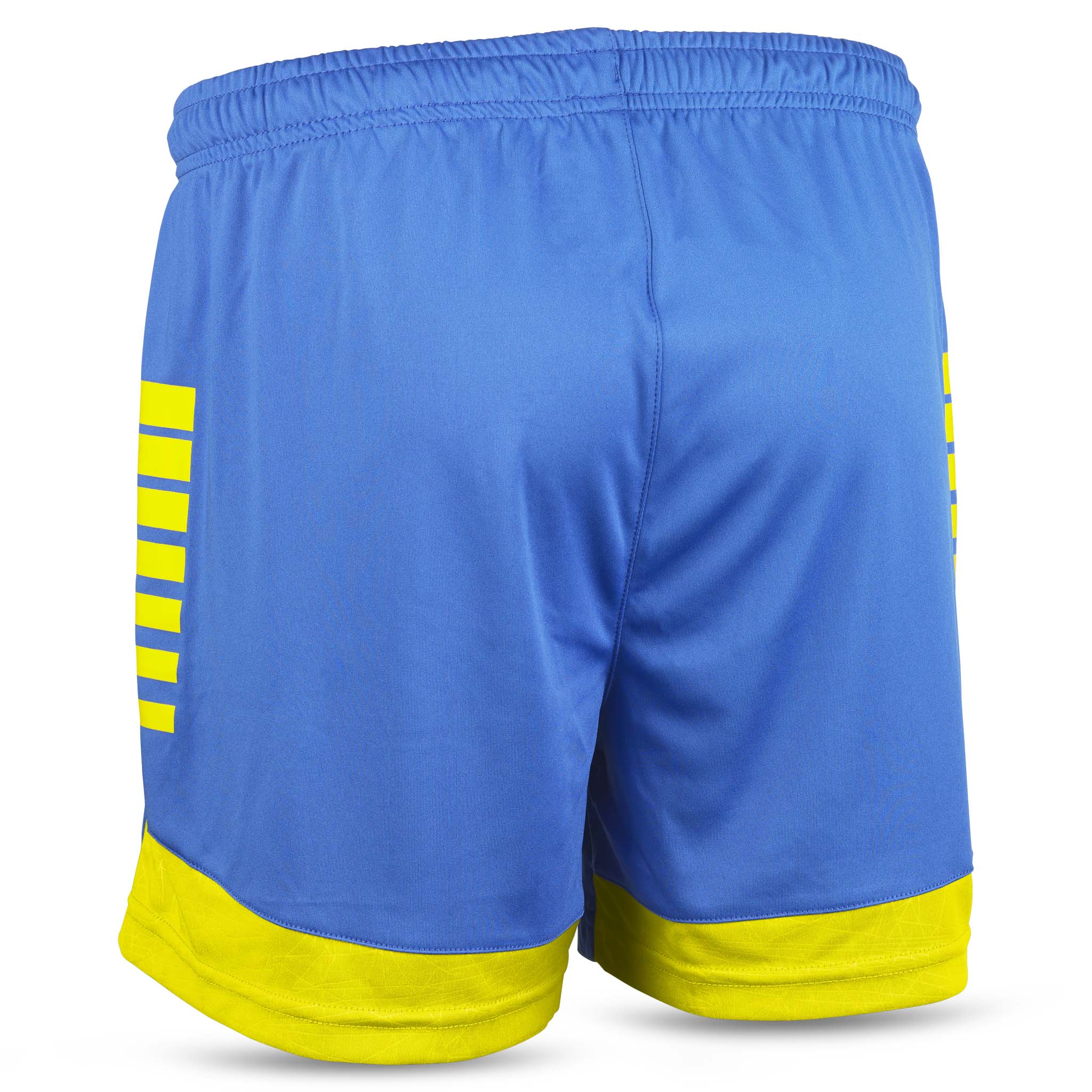 Bakside av blå Player shorts Spain woman v25 med gule striper, Match & Training fotballklær