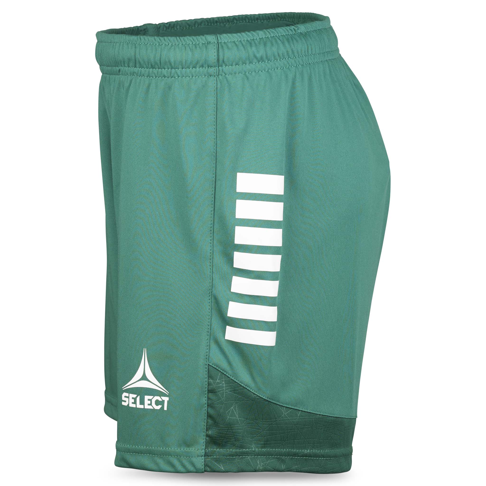 Grønn-hvite Player shorts Spain woman v25, kamp- og treningstøy, sett fra høyre side med hvite striper og Select-logo.
