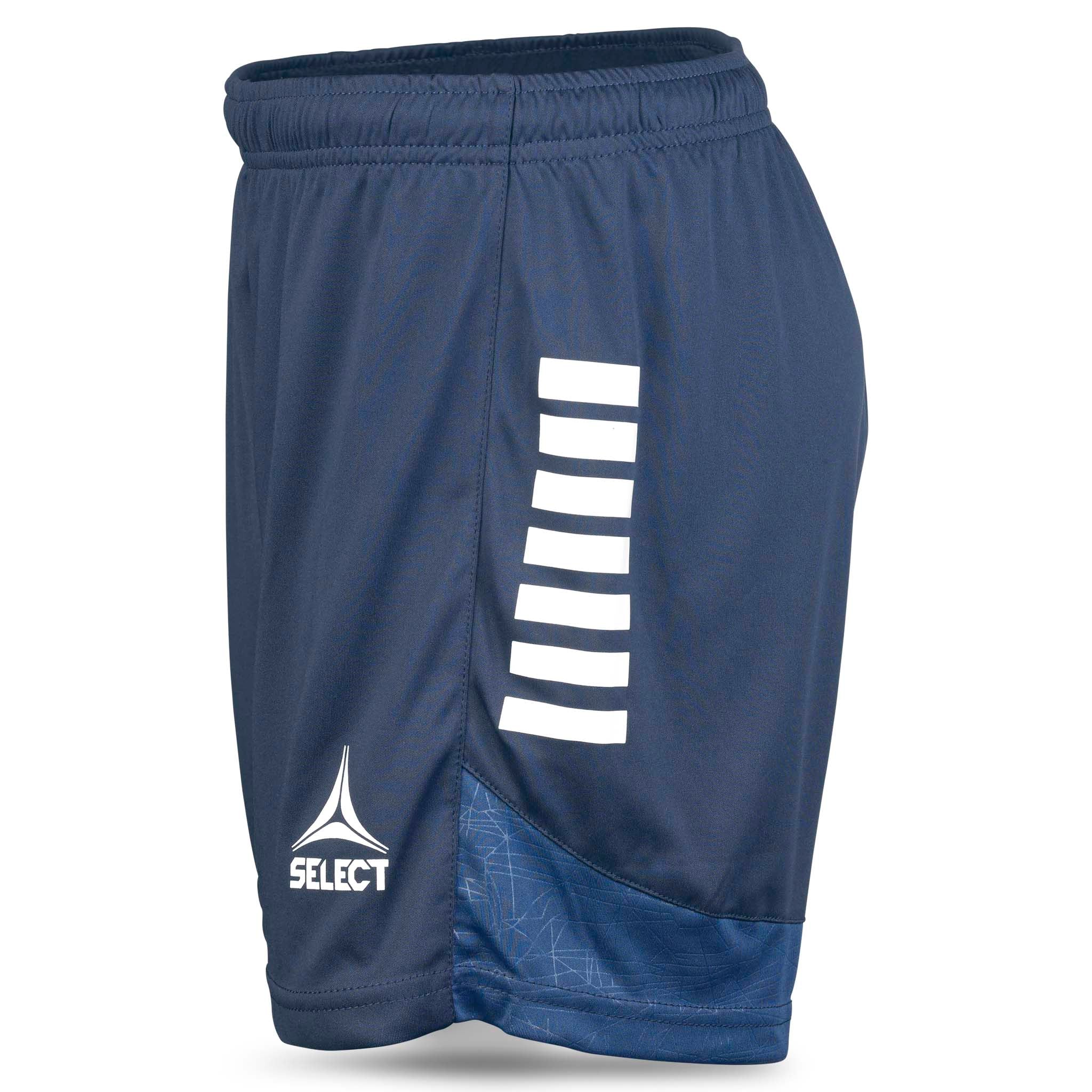Marineblå og hvite Player shorts Spain woman v25, kamp- og treningstøy, sett fra høyre side med hvite striper.