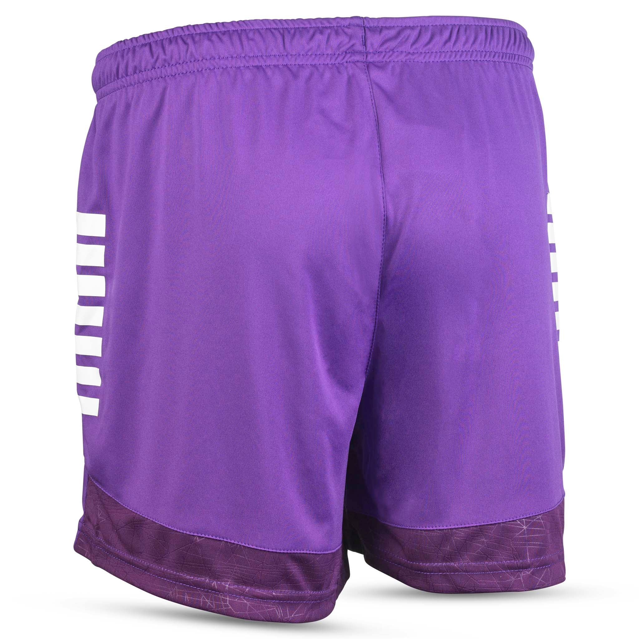 Bakside av lilla Player shorts Spain woman v25 med hvite striper, Match & Training wear fotball